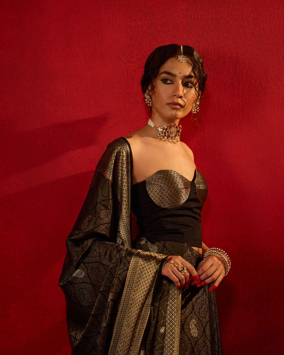 Black Viscose Jacquard Saree with Gold Zari Paisley Weave & Rich Border