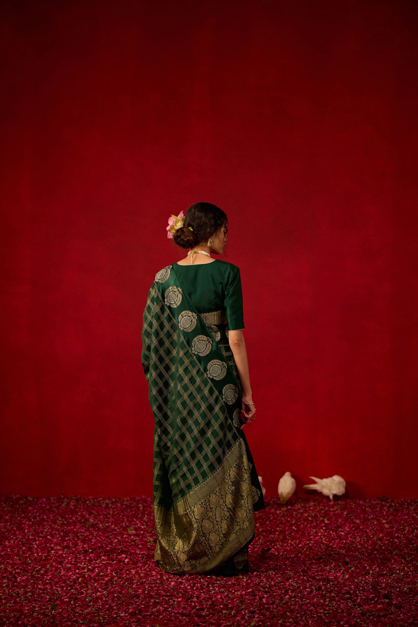 Bottle Green Checked Viscose Saree with Zari Butta Work