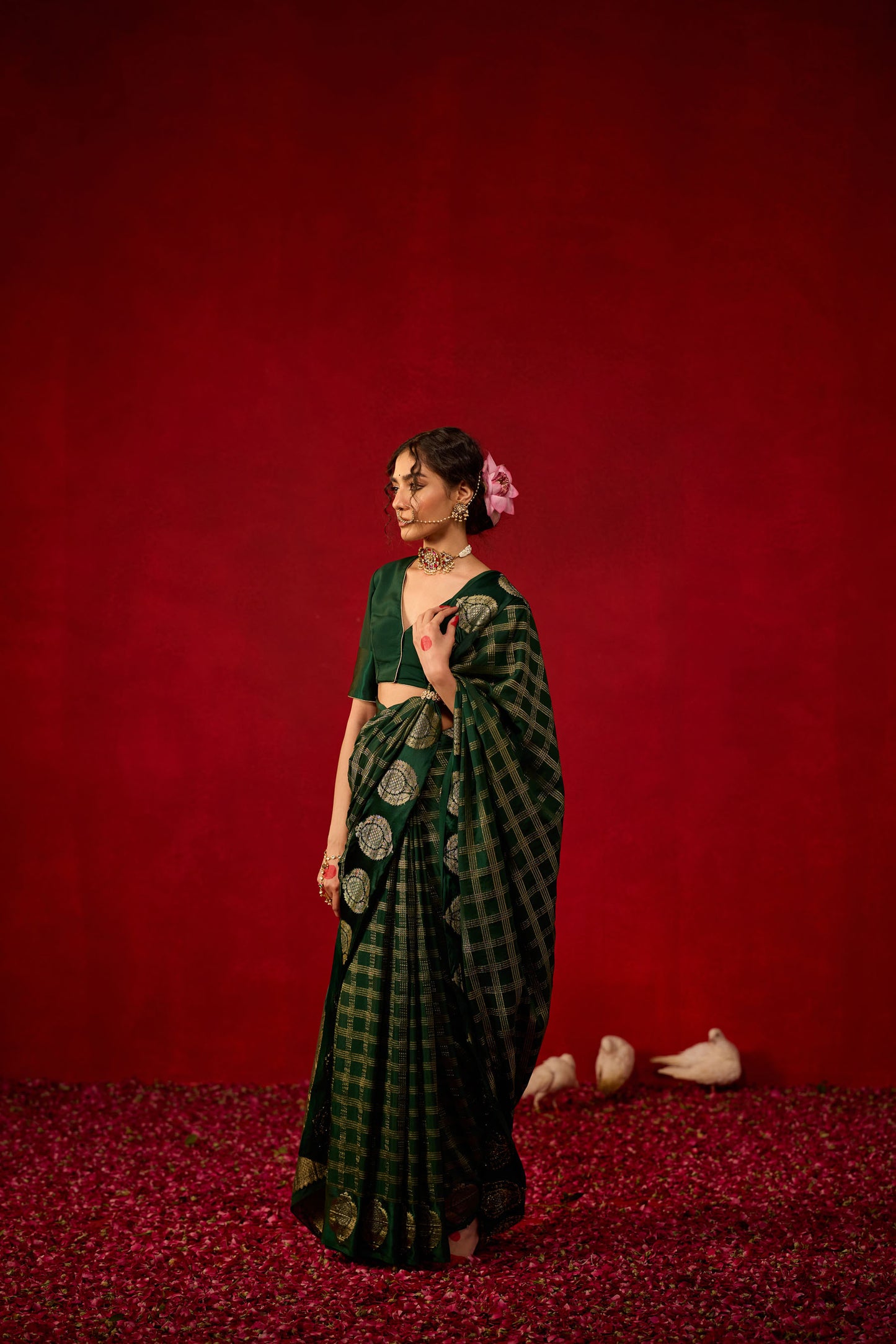 Bottle Green Checked Viscose Saree with Zari Butta Work