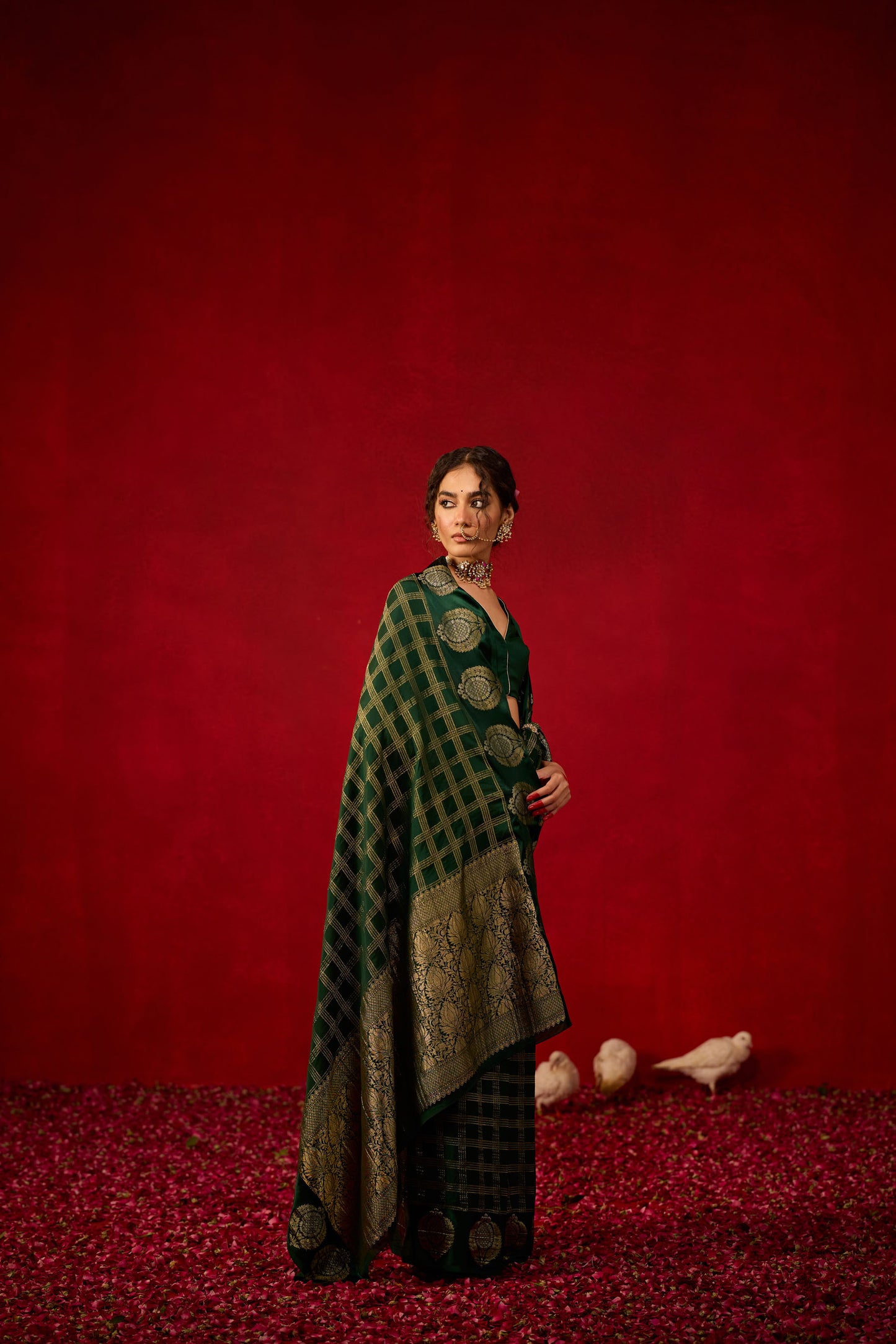 Bottle Green Checked Viscose Saree with Zari Butta Work