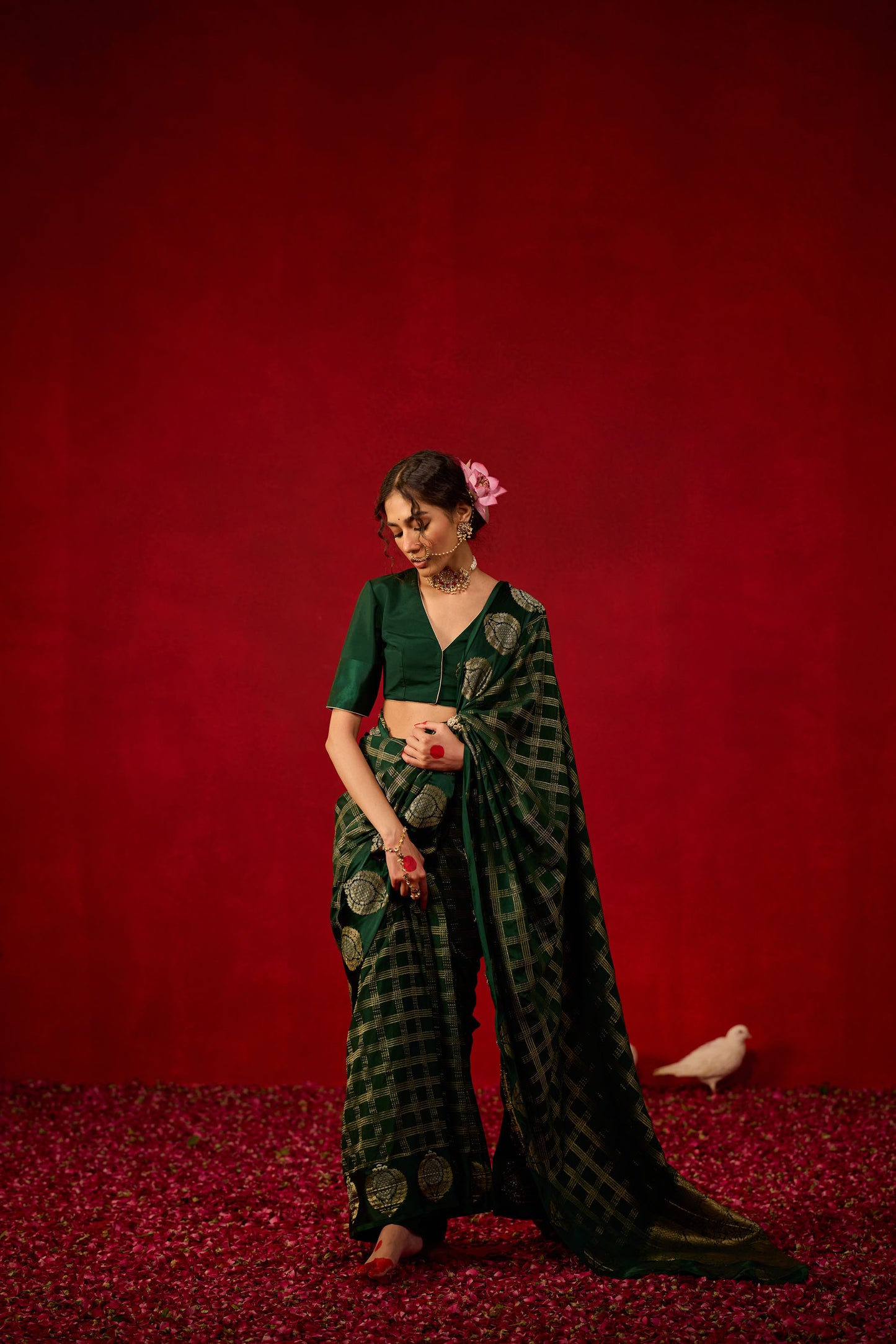 Bottle Green Checked Viscose Saree with Zari Butta Work