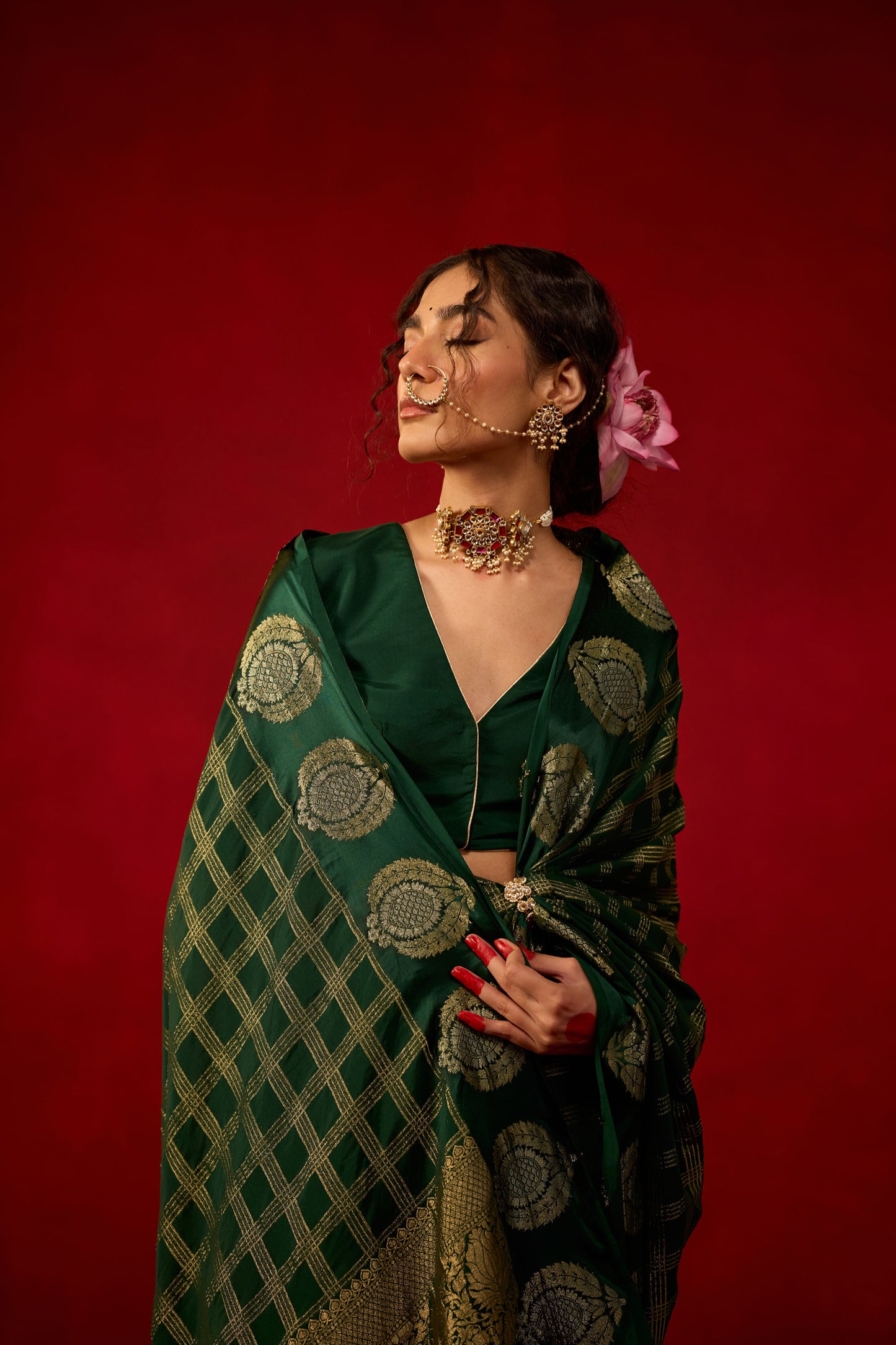 Bottle Green Checked Viscose Saree with Zari Butta Work