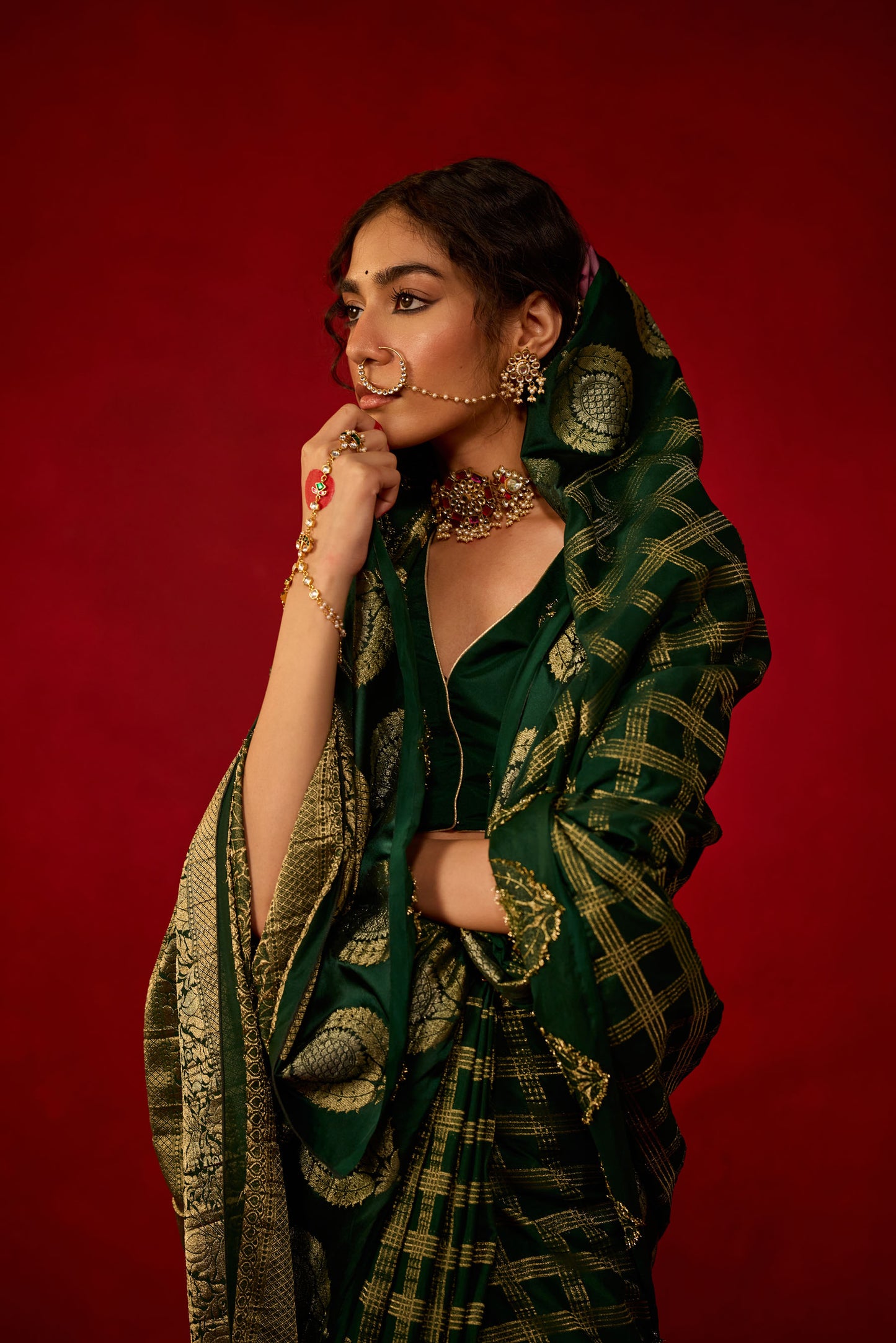 Bottle Green Checked Viscose Saree with Zari Butta Work