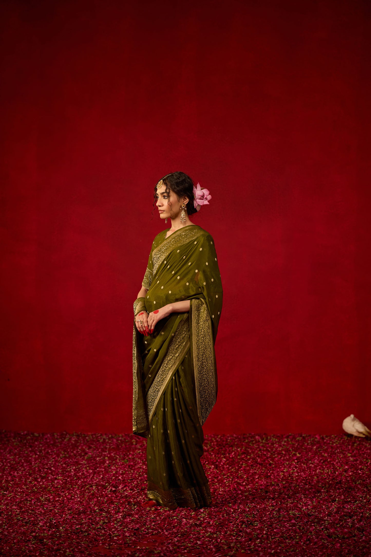 Olive Green Viscose Saree with Antique Zari Detailing