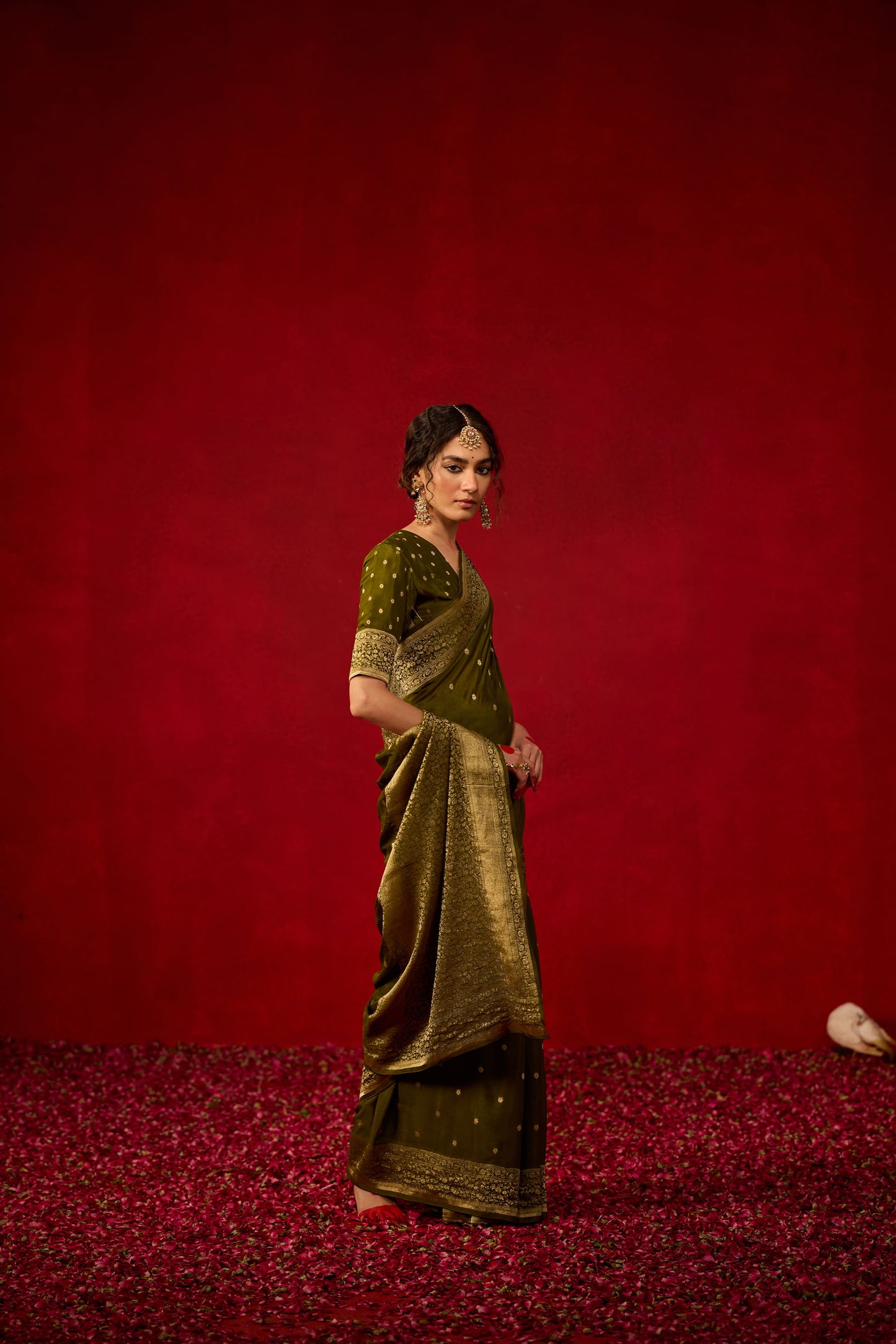 Olive Green Viscose Saree with Antique Zari Detailing