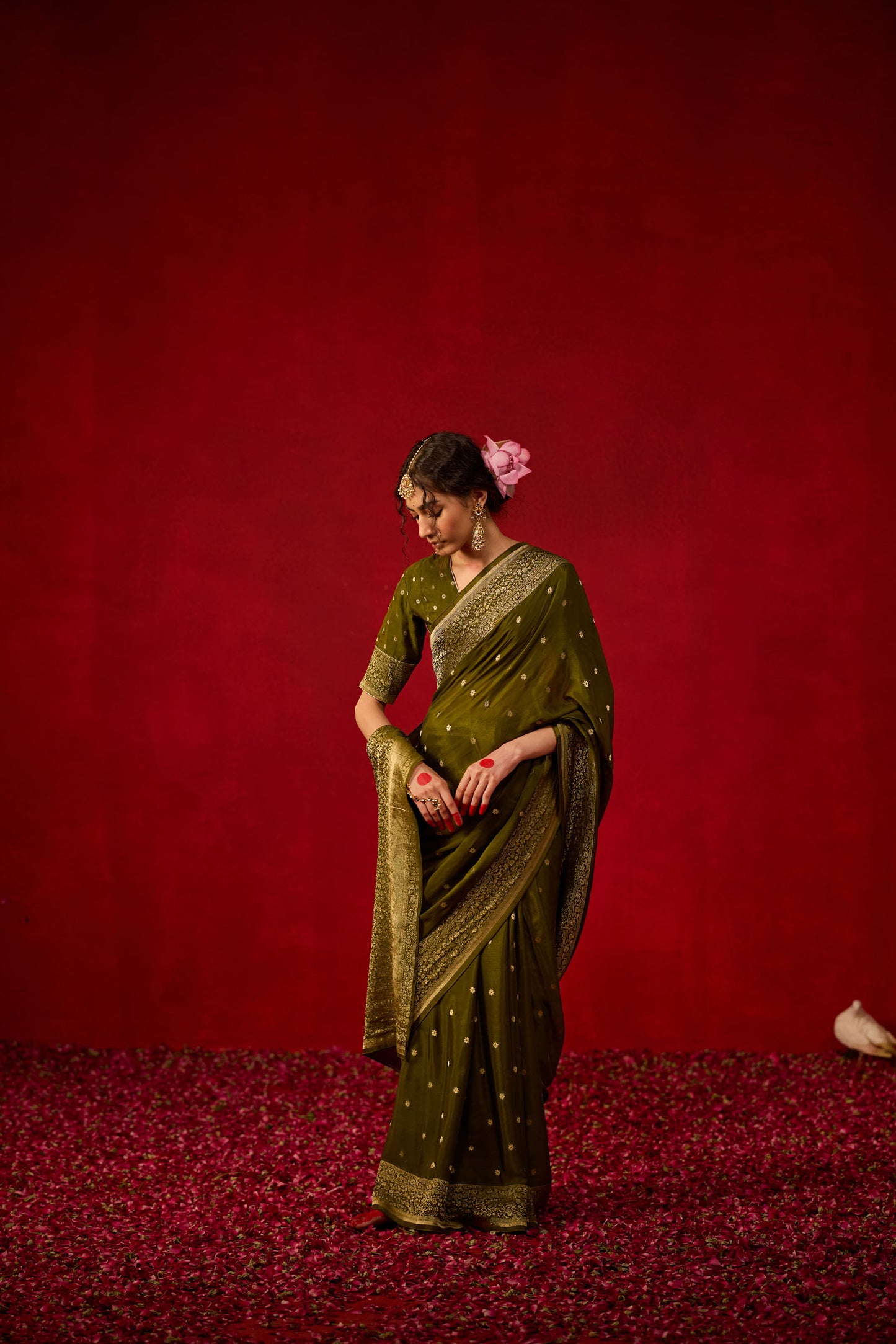 Olive Green Viscose Saree with Antique Zari Detailing