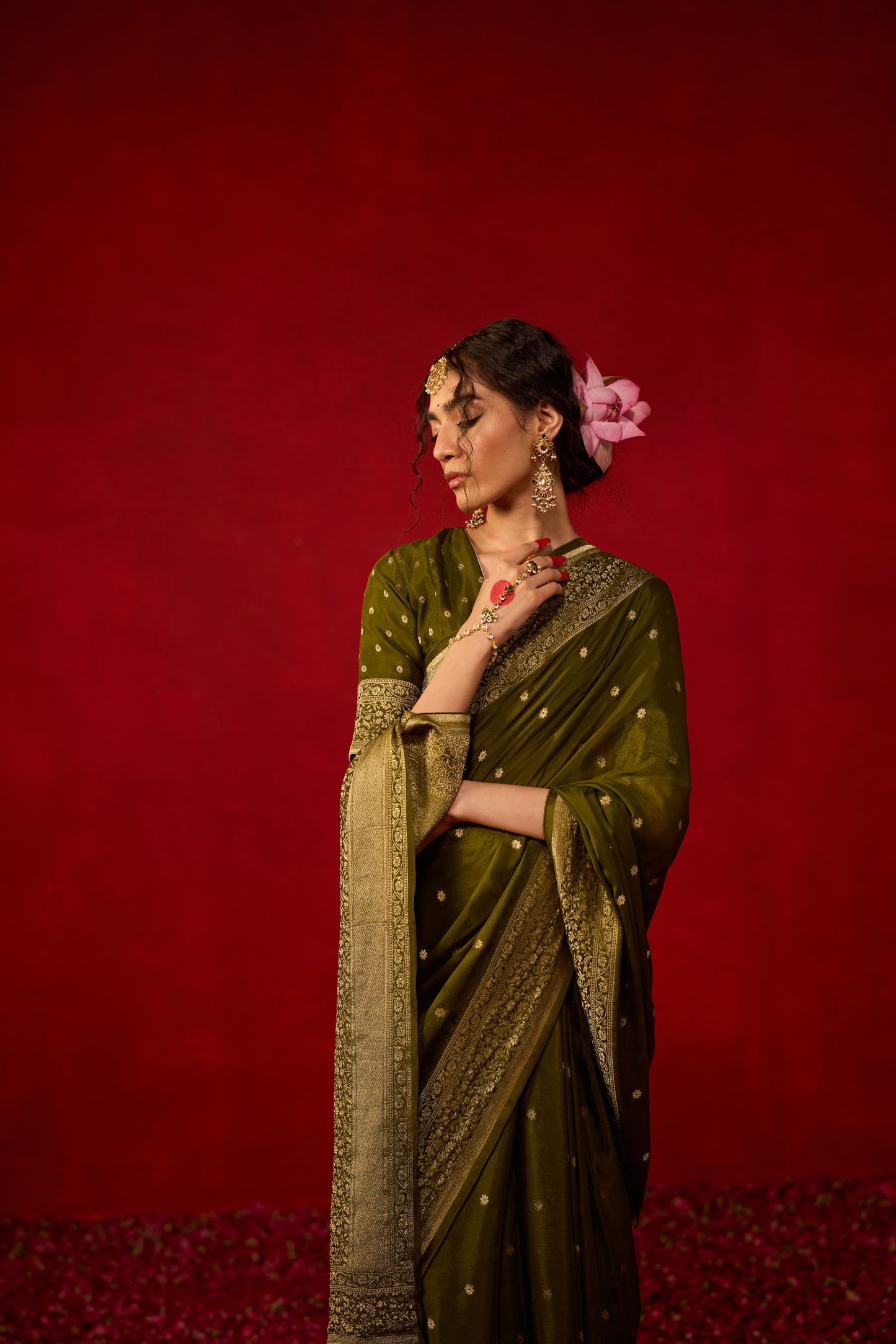 Olive Green Viscose Saree with Antique Zari Detailing