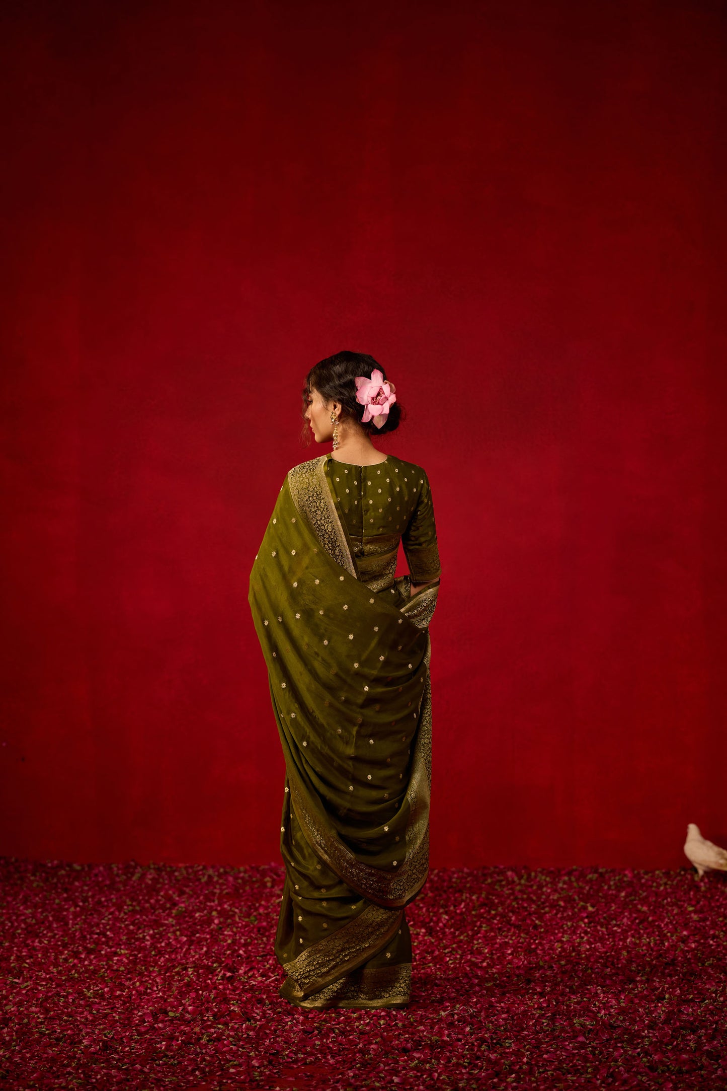 Olive Green Viscose Saree with Antique Zari Detailing