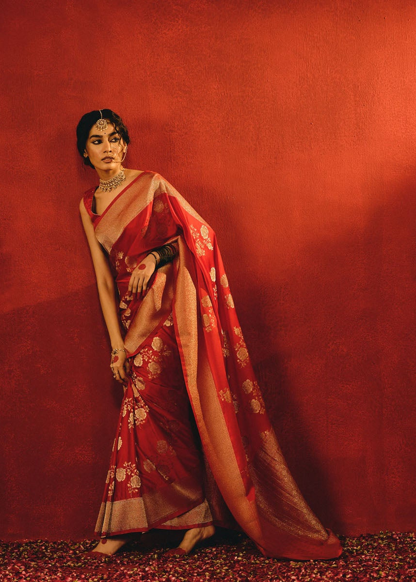 Red Viscose Saree with Heavy Zari Floral Work