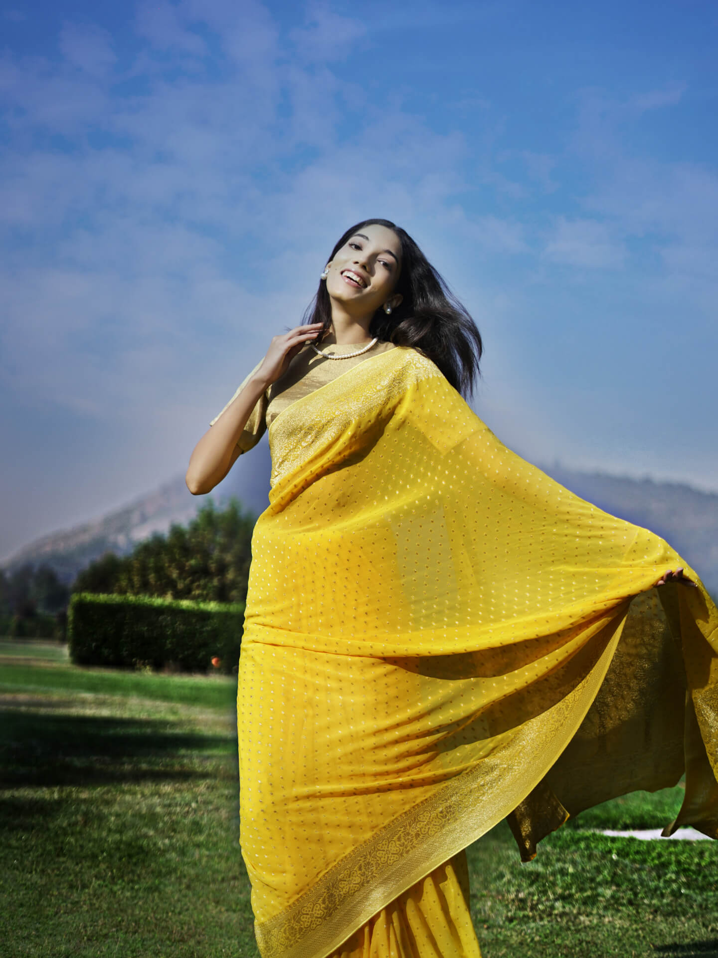ROMA - YELLOW VISCOSE SAREE POLKA DOTS
