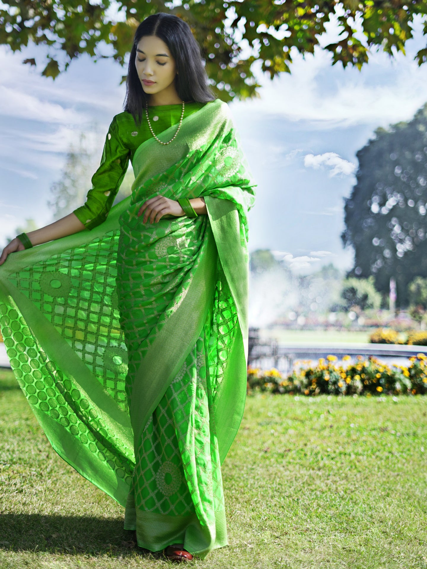 MEGHA - LIME GREEN VISCOSE JAAL SAREE