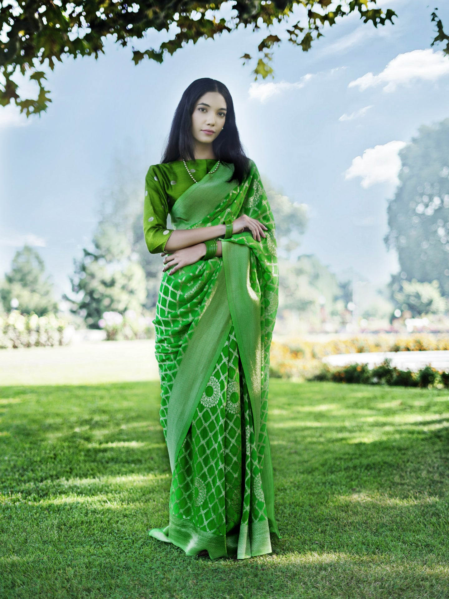 MEGHA - LIME GREEN VISCOSE JAAL SAREE