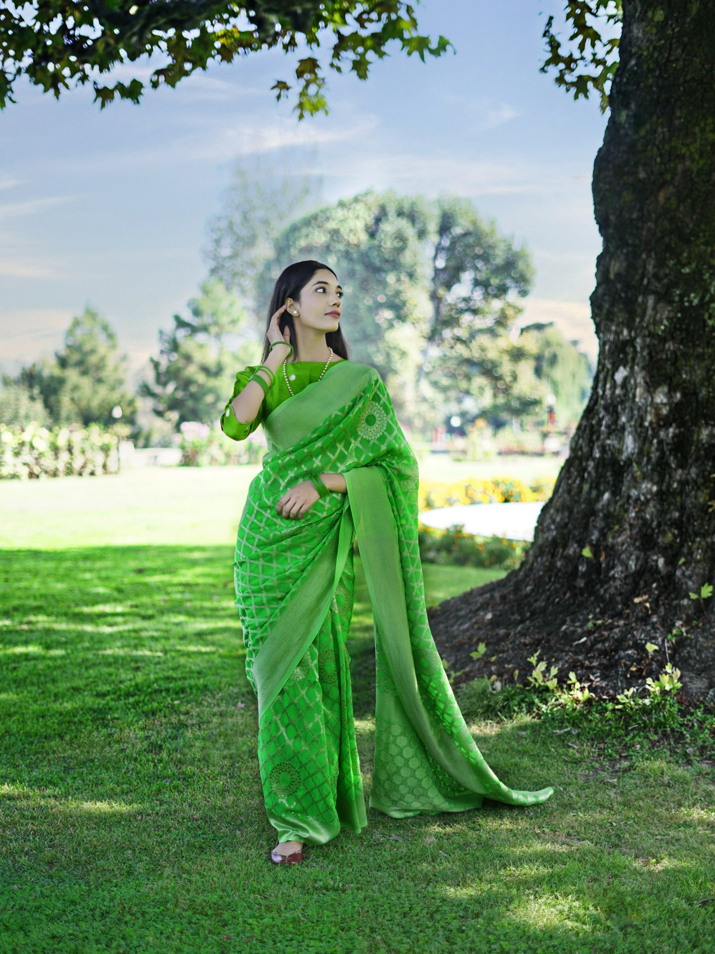 MEGHA - LIME GREEN VISCOSE JAAL SAREE