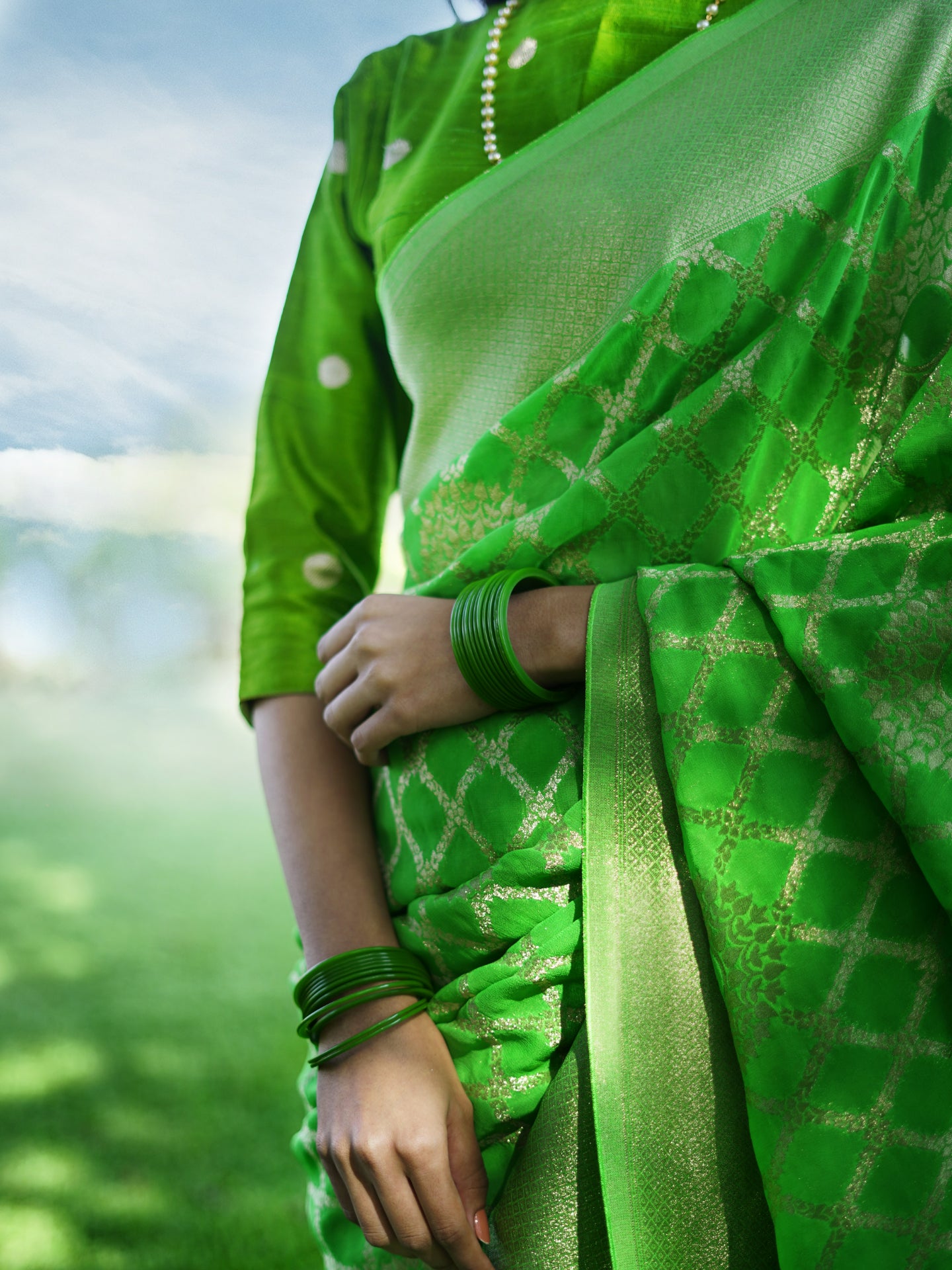 MEGHA - LIME GREEN VISCOSE JAAL SAREE