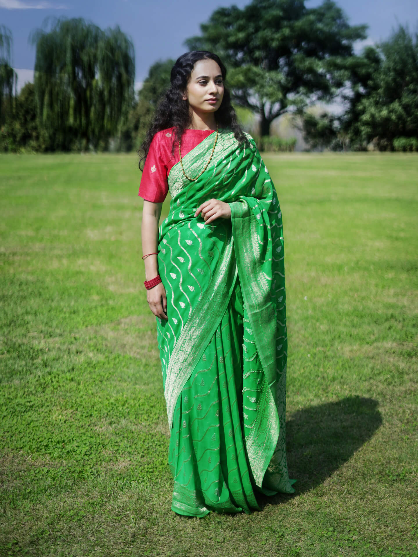 AMRITA - LIME GREEN VISCOSE SAREE WITH DIAGONAL WAVE PATTERN AND BUTTA