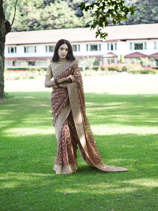 AARTI - BROWN VISCOSE SAREE WITH DIAGONAL WAVE PATTERN AND BUTTA