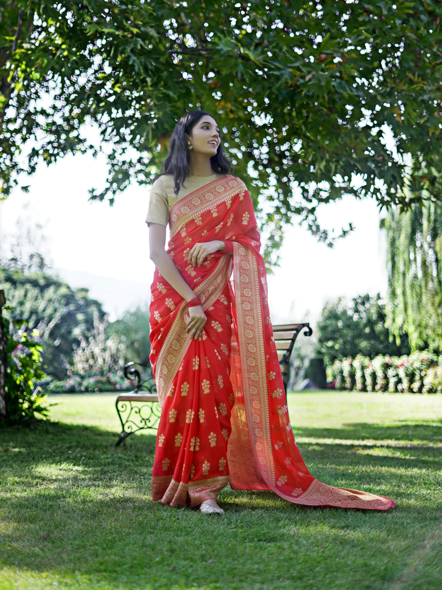 HINA - CARROT RED VISCOSE SAREE WITH GOLDEN BORDER