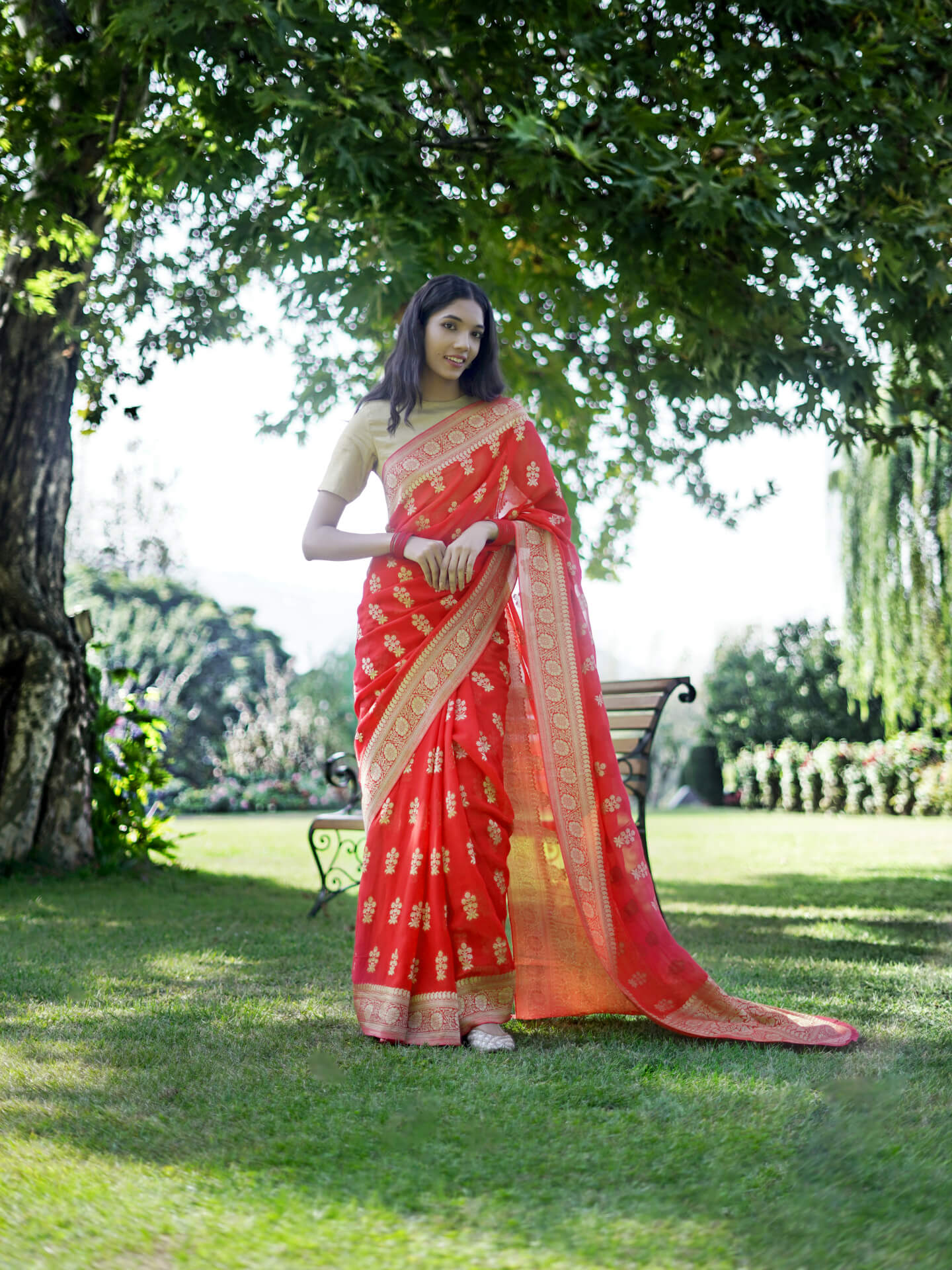 HINA - CARROT RED VISCOSE SAREE WITH GOLDEN BORDER