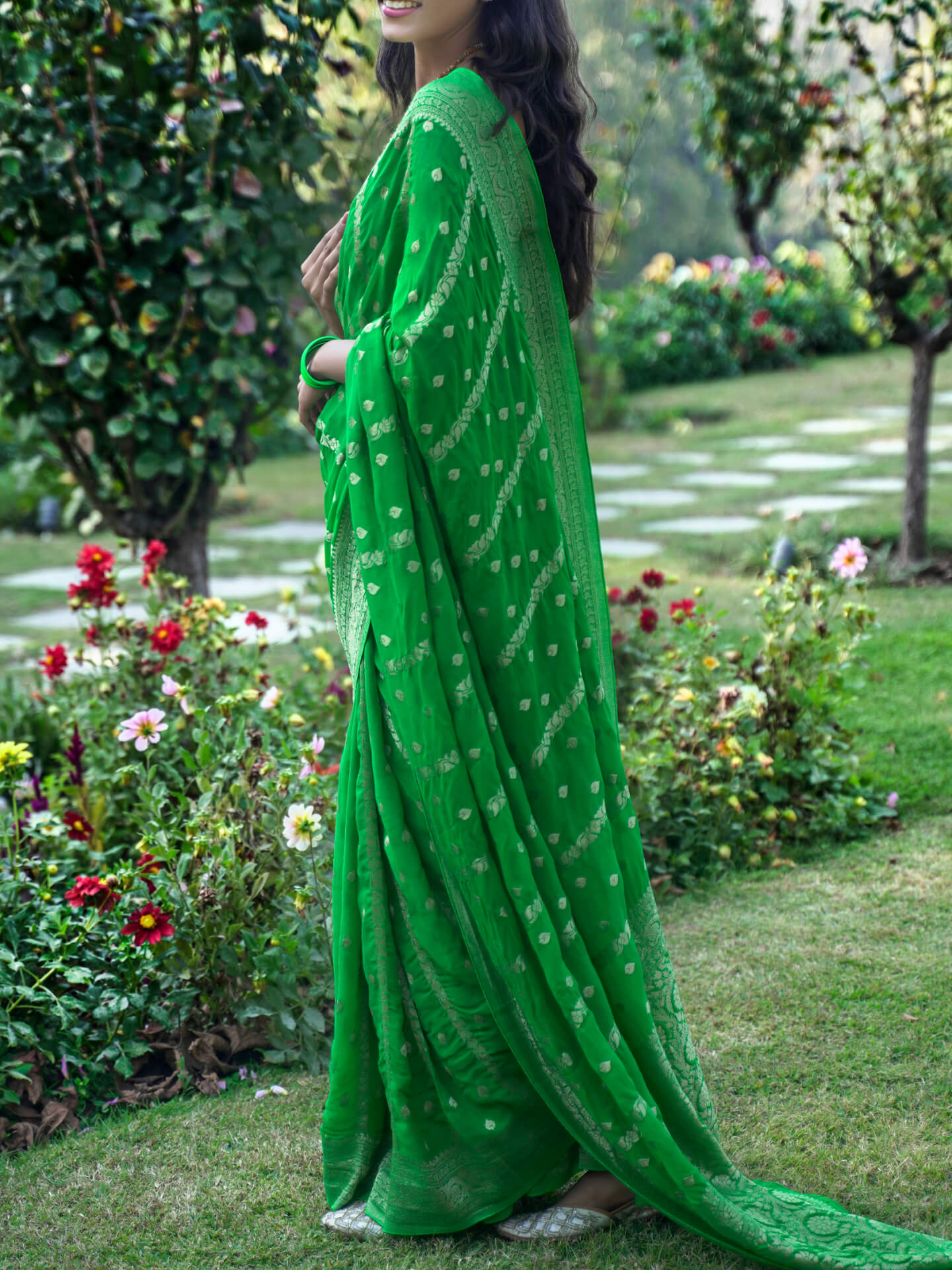 PREETI - LIME GREEN VISCOSE SAREE WITH STRIPES AND BUTTA
