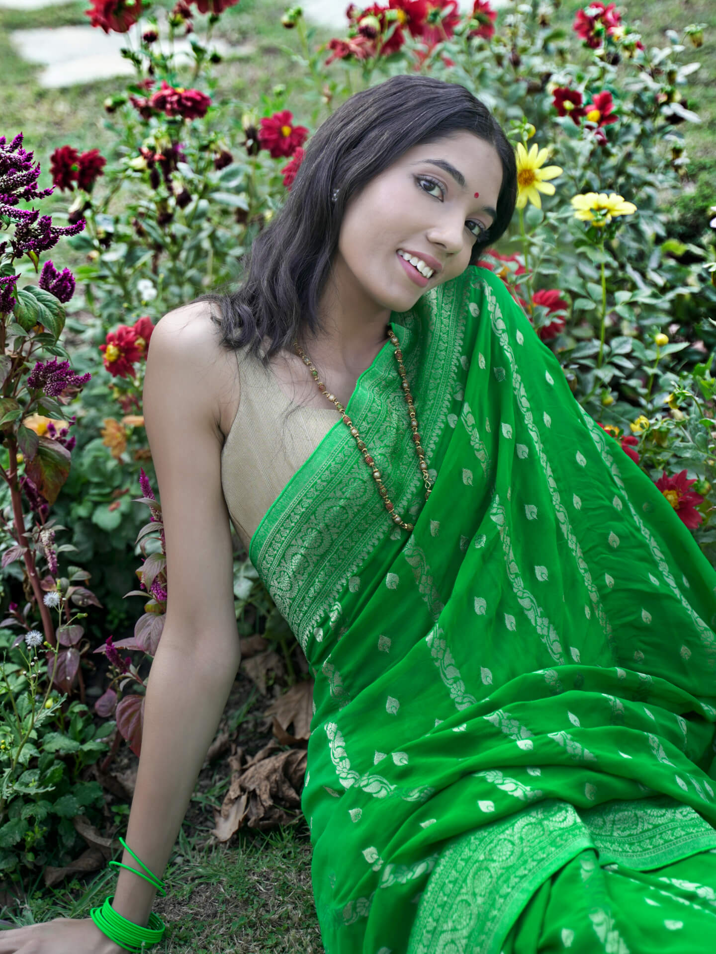PREETI - LIME GREEN VISCOSE SAREE WITH STRIPES AND BUTTA