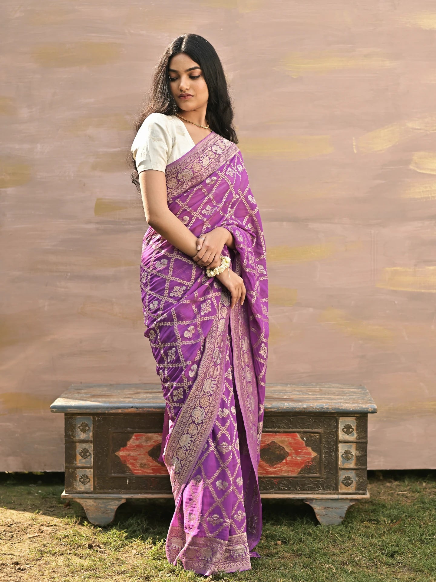 MAHIKA - PURPLE VISCOSE SAREE WITH JAAL WITH FLORAL /FIGURE BUTTA