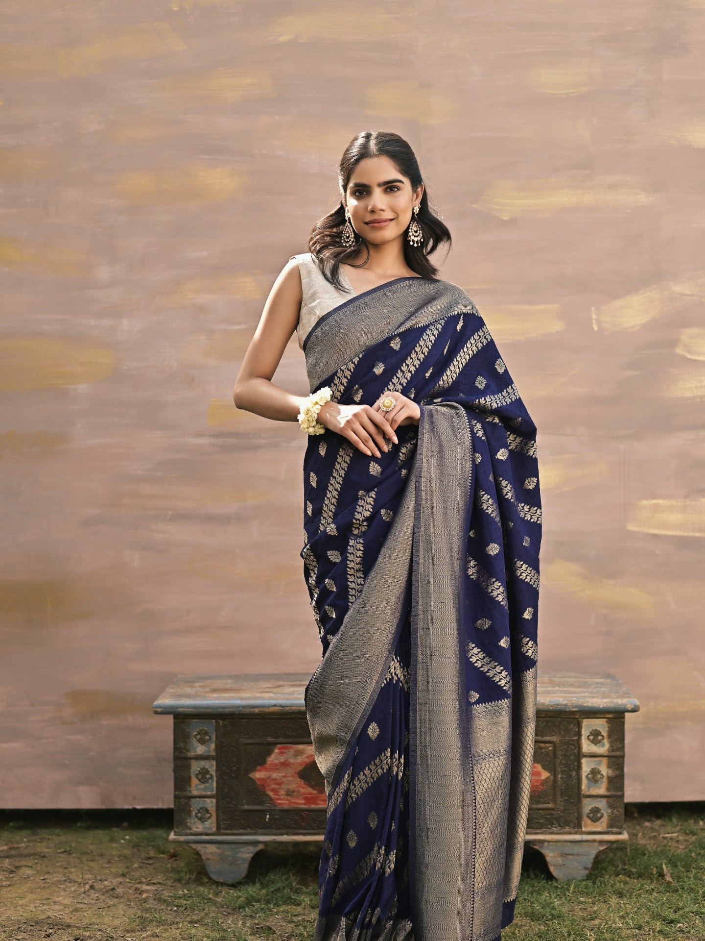 ZAARA - NAVY BLUE VISCOSE SAREE WITH DIAGONAL STRIPS PATTERN AND BUTTI
