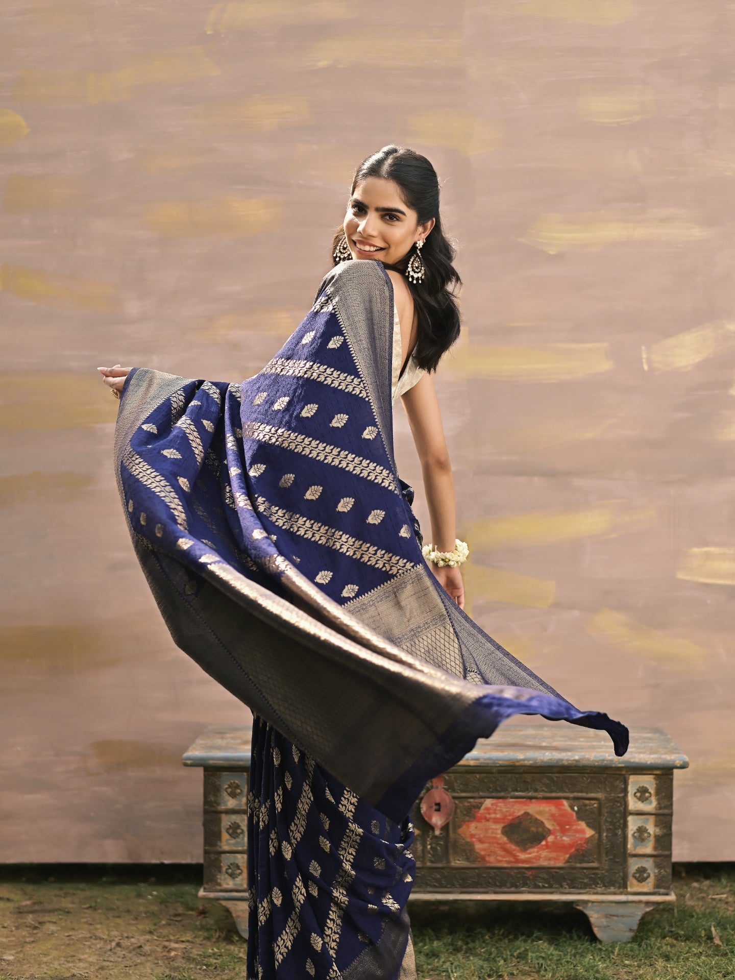 ZAARA - NAVY BLUE VISCOSE SAREE WITH DIAGONAL STRIPS PATTERN AND BUTTI