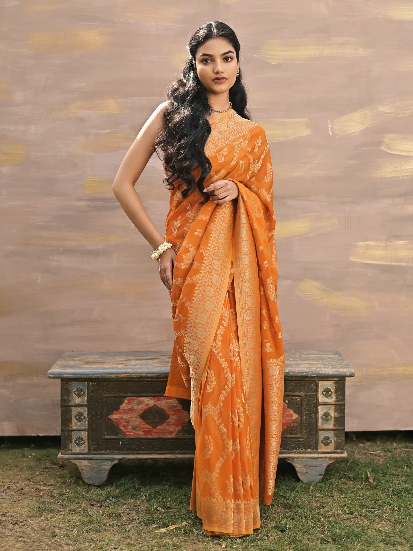 MYRA - Orange VISCOSE SAREE WITH ALL OVER FLORAL JAAL AND BUTTA