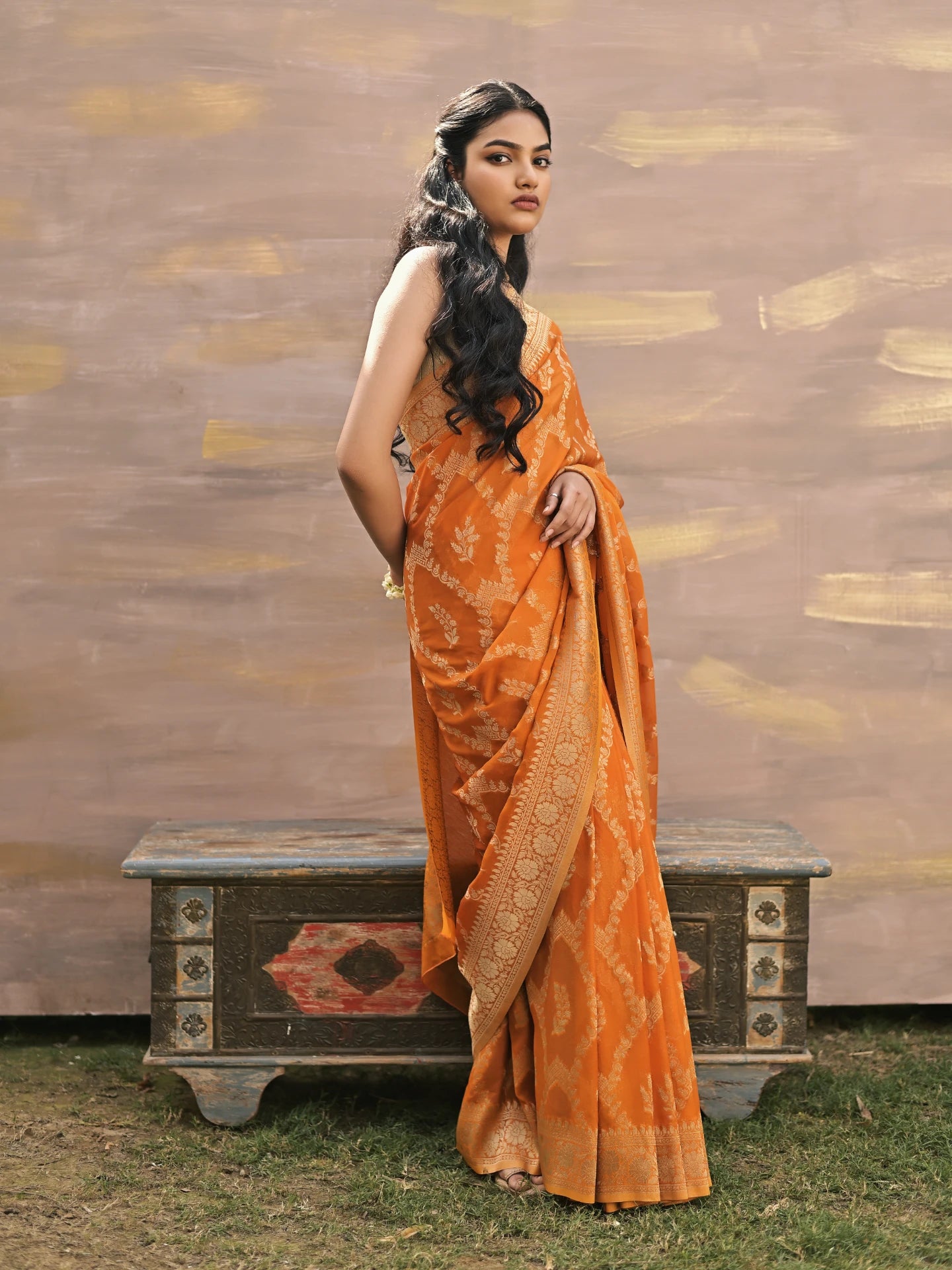 MYRA - Orange VISCOSE SAREE WITH ALL OVER FLORAL JAAL AND BUTTA