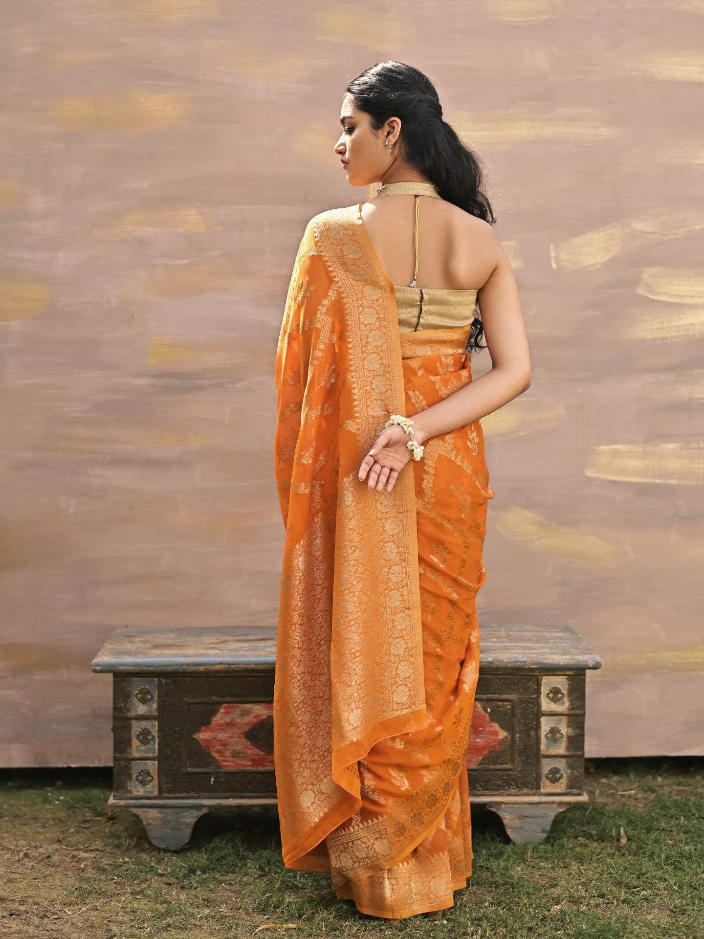 MYRA - Orange VISCOSE SAREE WITH ALL OVER FLORAL JAAL AND BUTTA