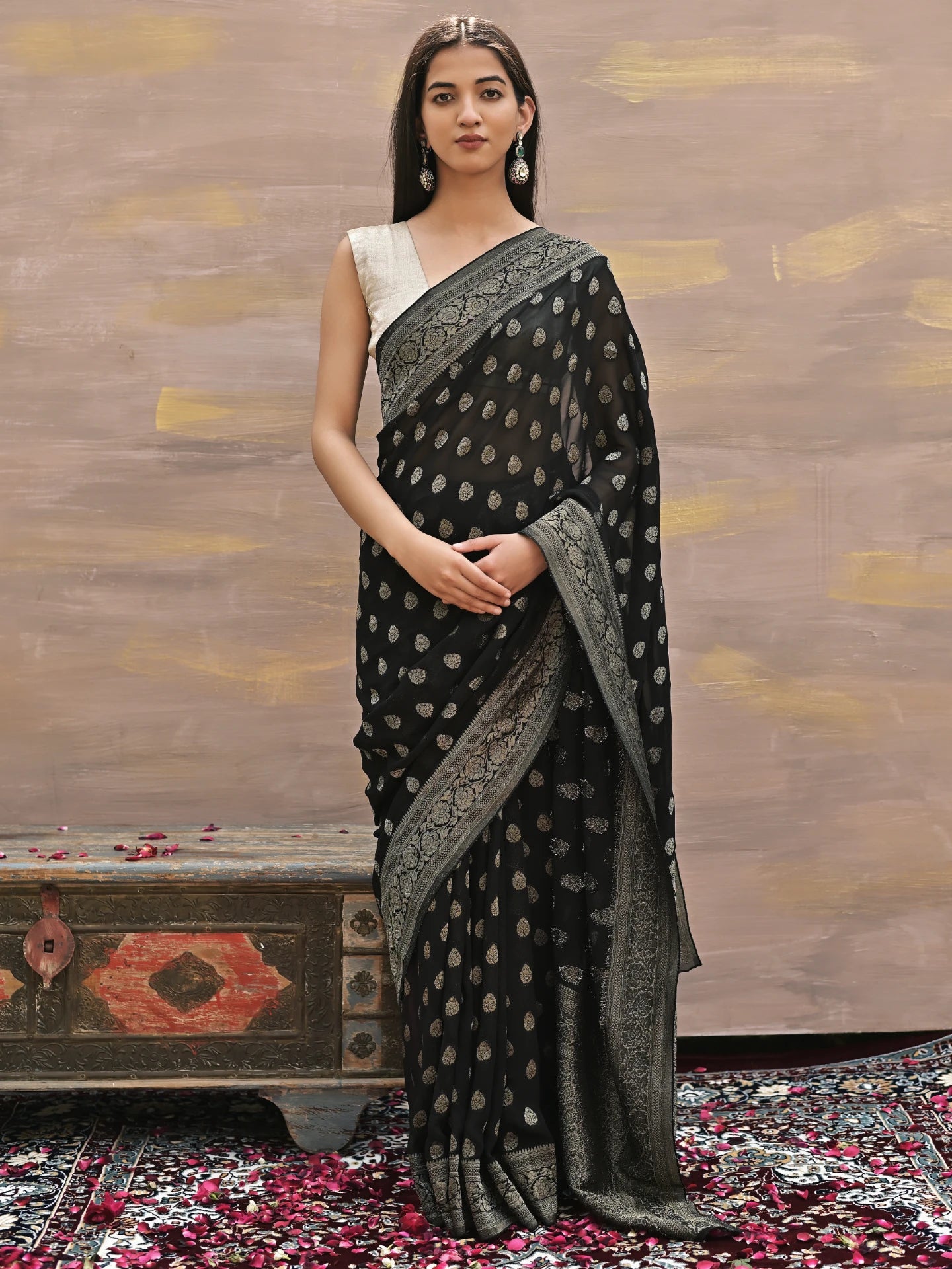 VAANI - BLACK VISCOSE SAREE WITH OVERALL BUTTA