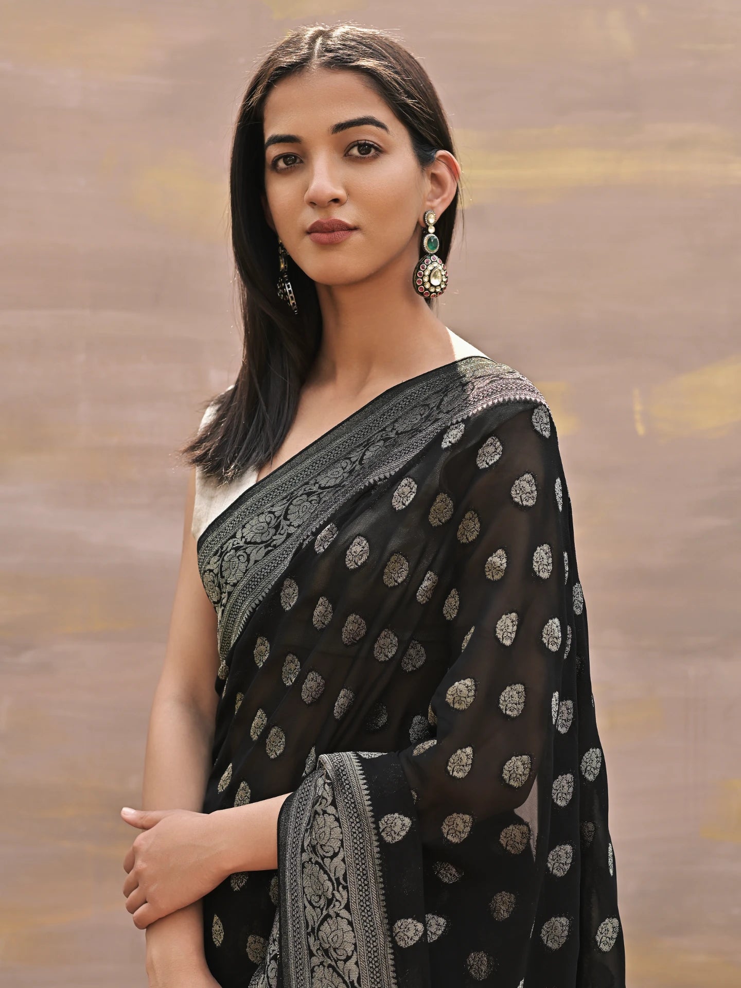 VAANI - BLACK VISCOSE SAREE WITH OVERALL BUTTA