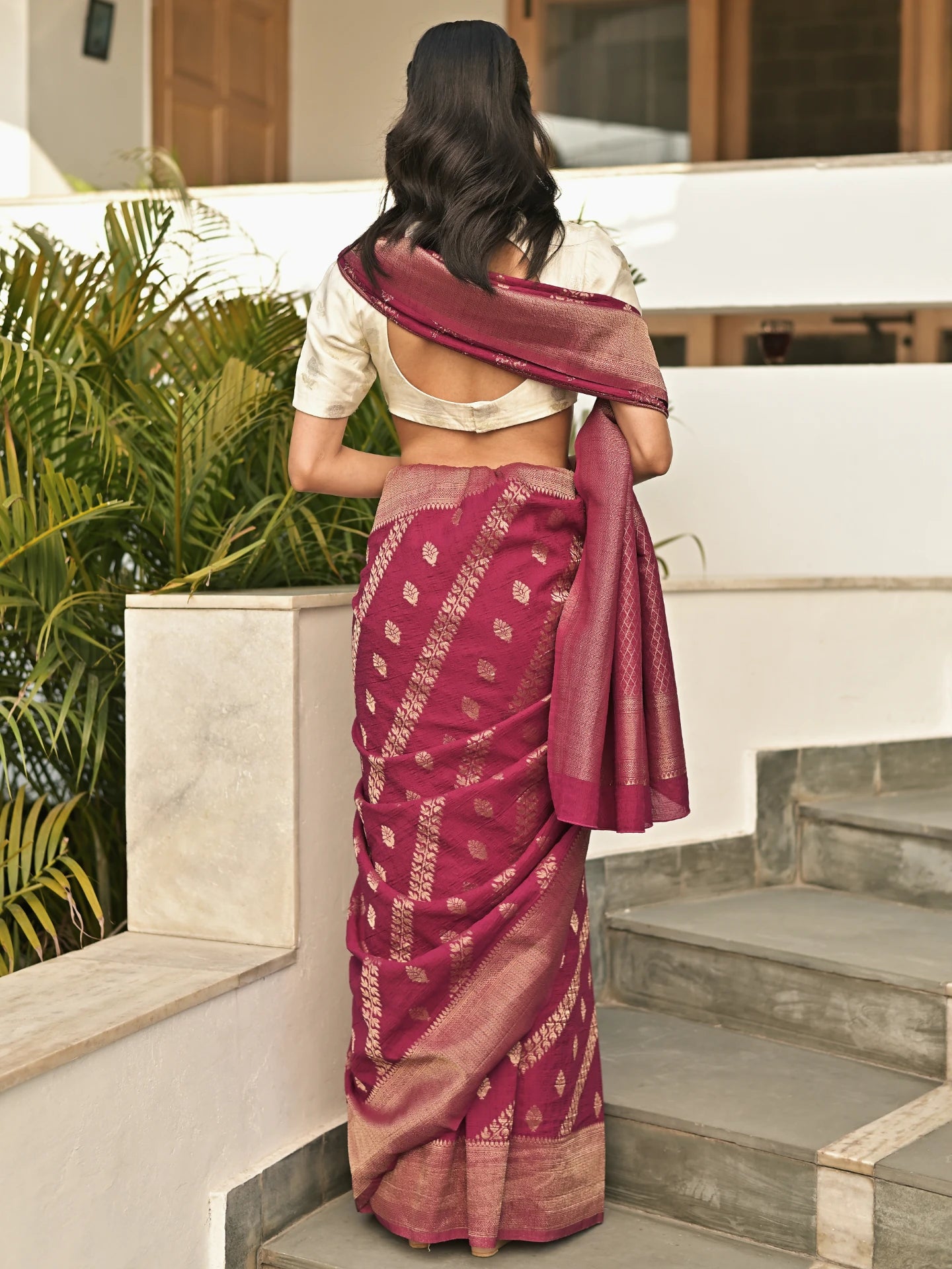 TANAISHA - WINE VISCOSE SAREE WITH DIAGONAL STRIPS PATTERN AND BUTTI