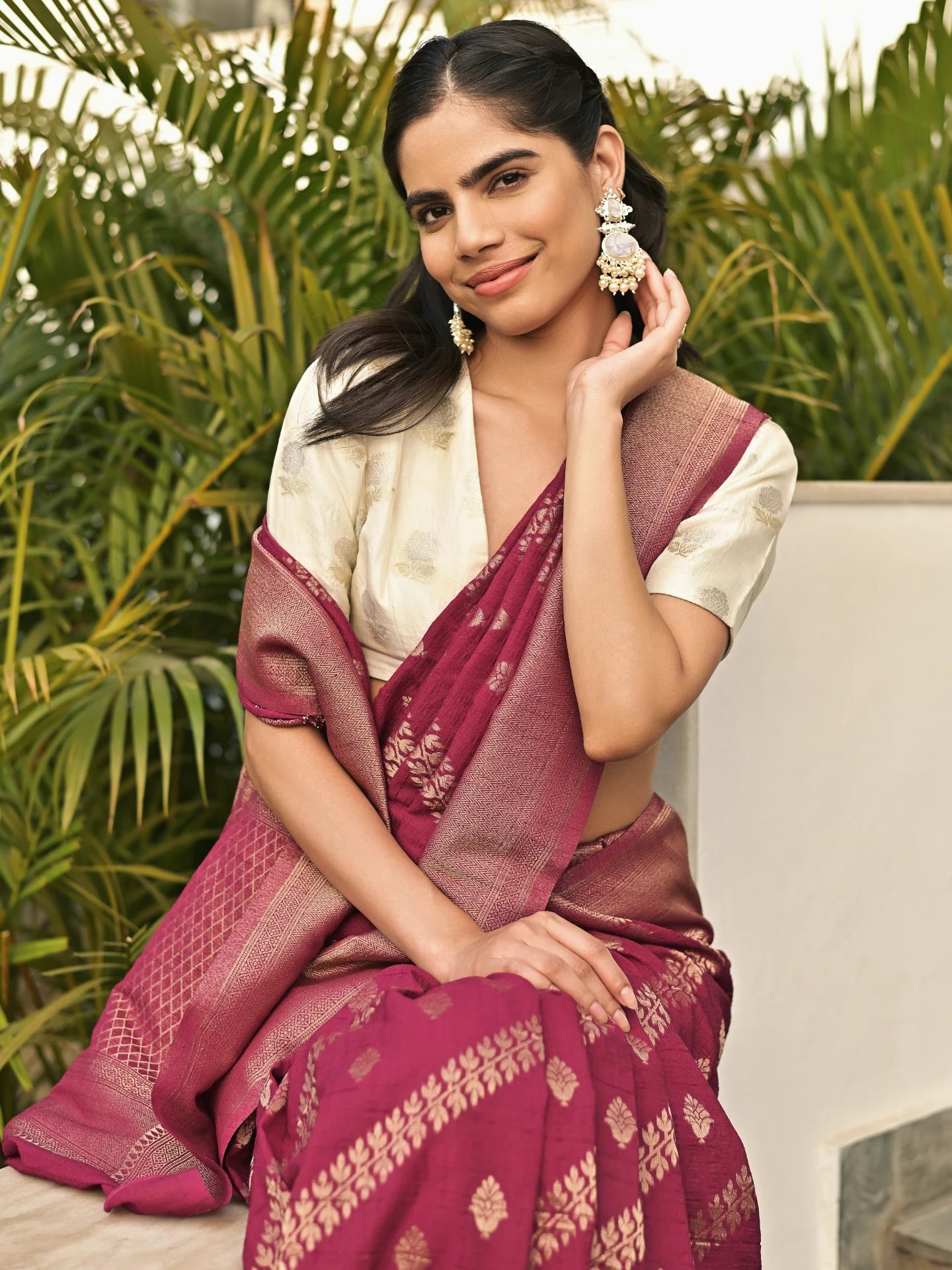TANAISHA - WINE VISCOSE SAREE WITH DIAGONAL STRIPS PATTERN AND BUTTI