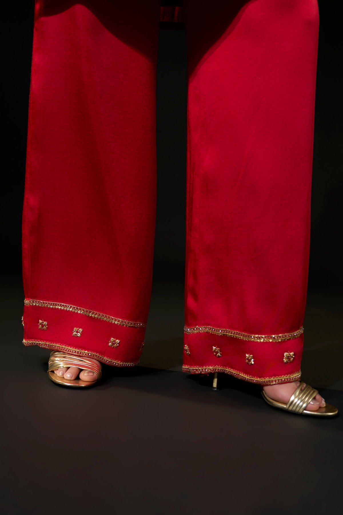 Red Hand-Embellished Brocade Kurta & Satin Pants Set