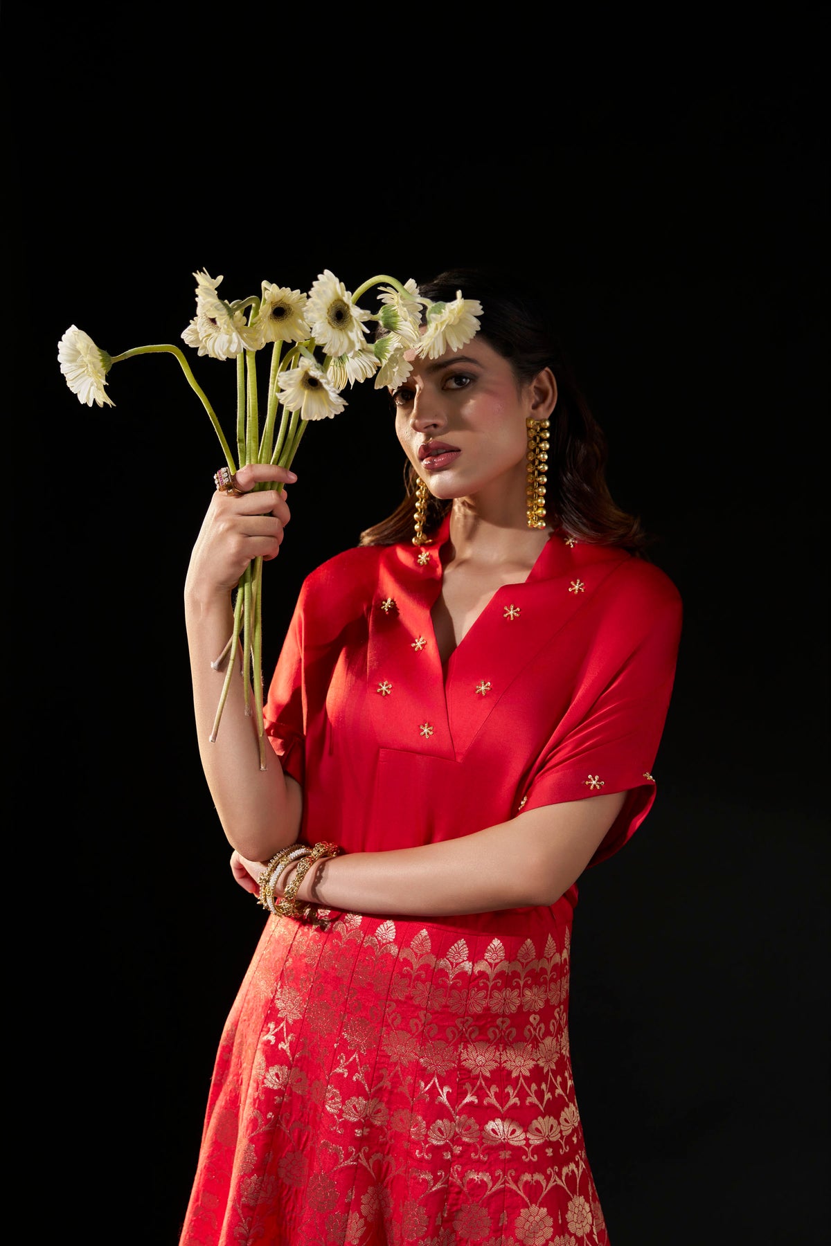 Red Brocade Flared Skirt