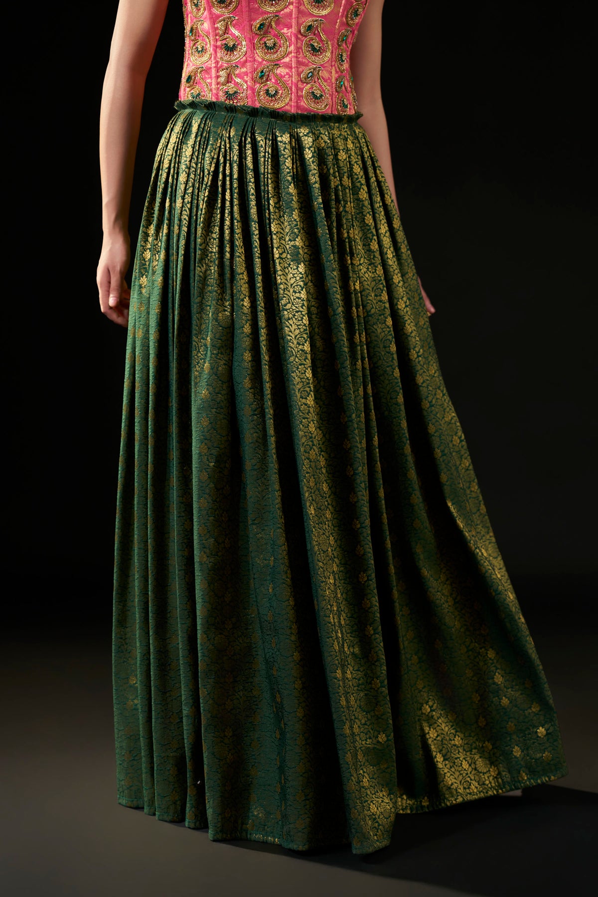 Pink & Emerald Green Hand-Embellished Brocade Kanji Pattu style Dress