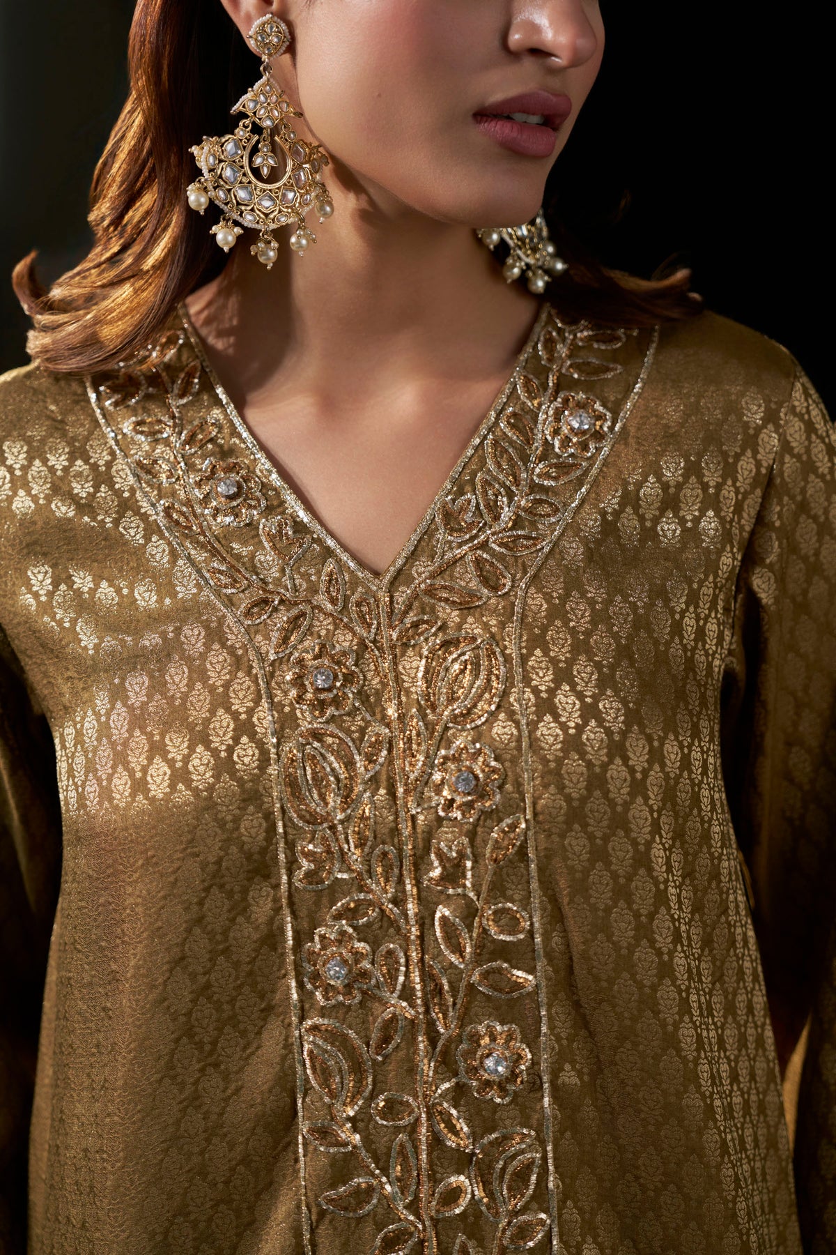 Gold Brown Brocade Tunic with Dusty Pink Draped Pants