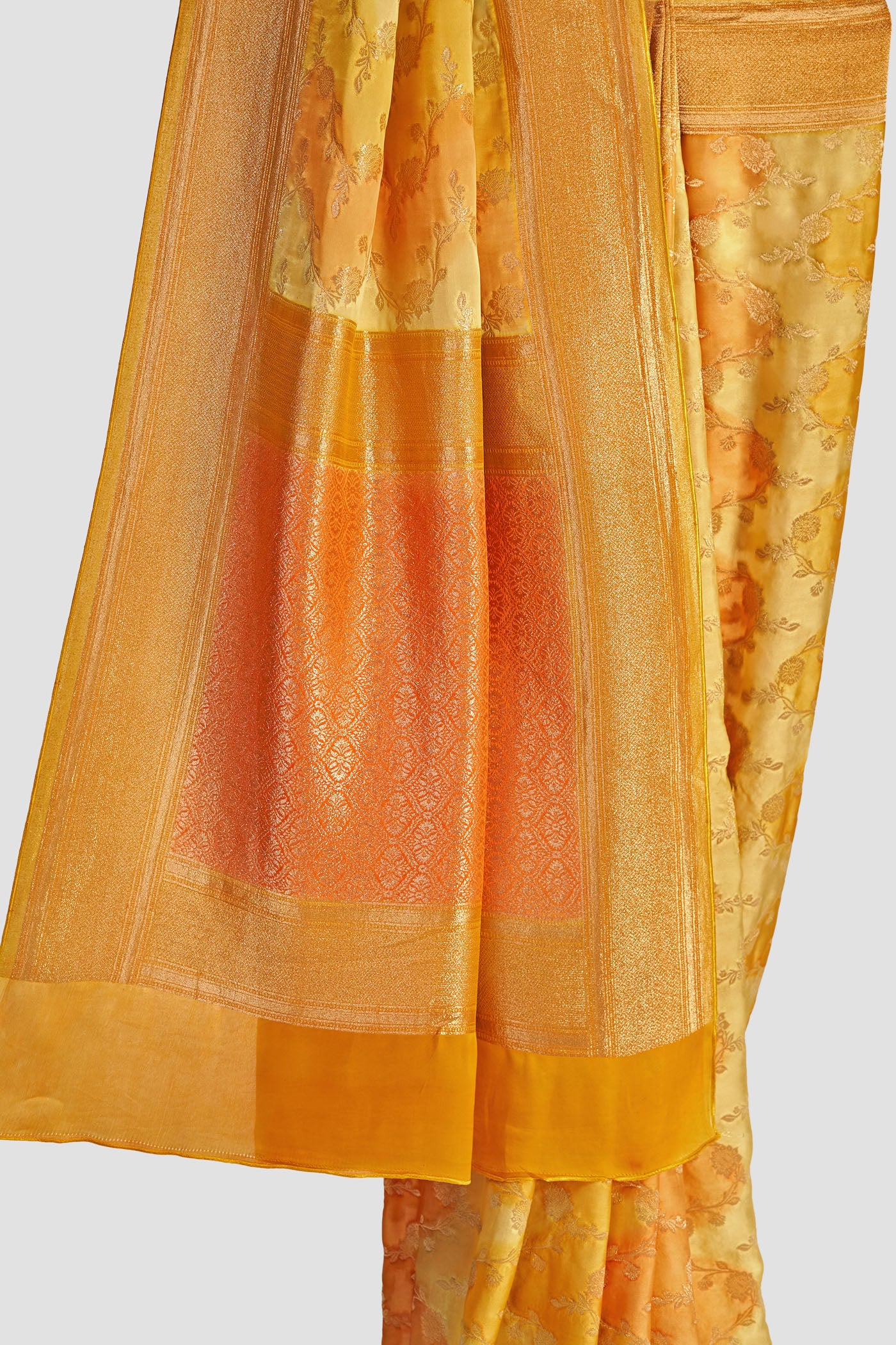 Stunning Yellow Satin Floral Jacquard Saree