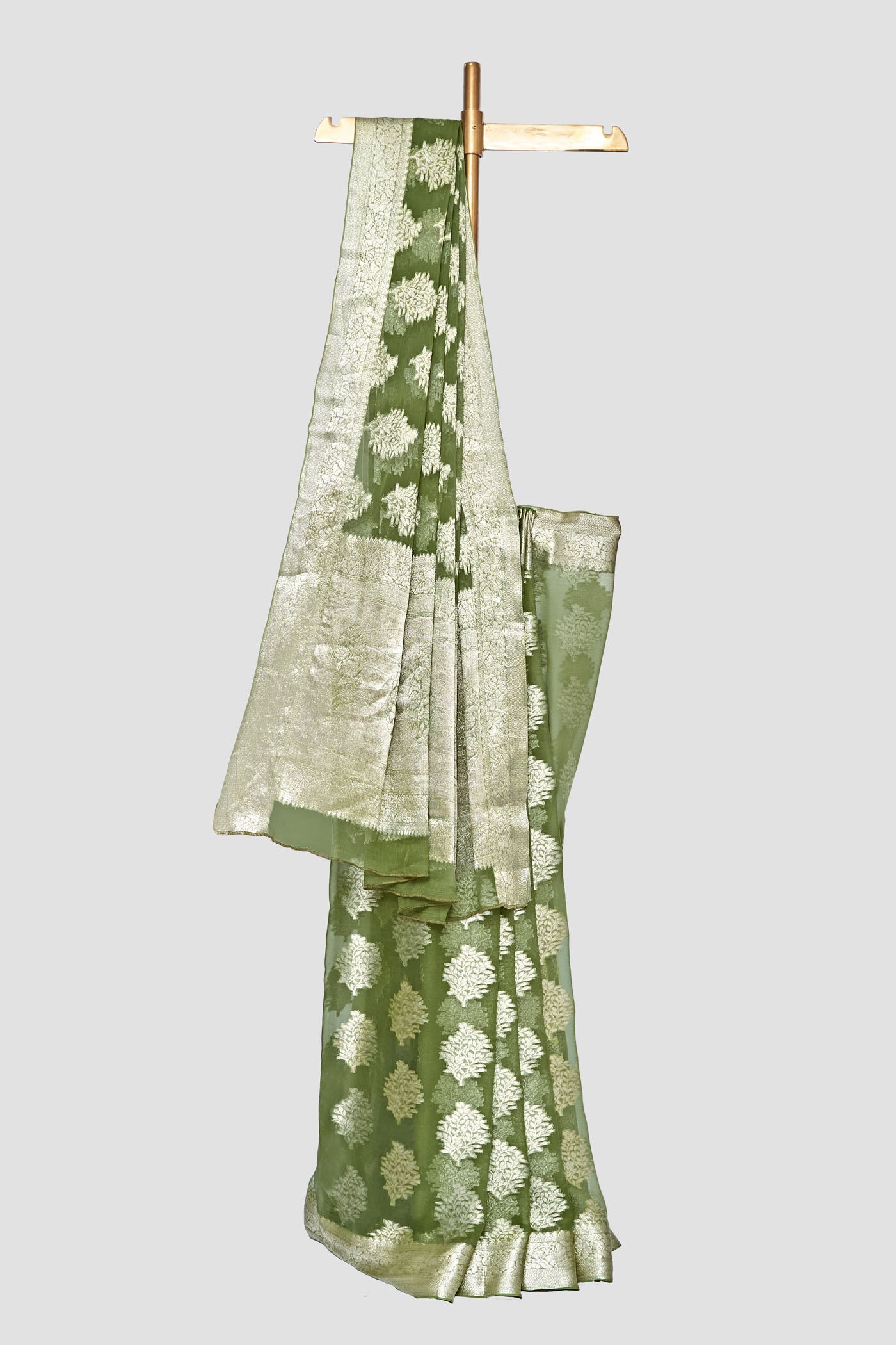 Olive Chiffon Brocade Saree With Tree Of Life Pattern