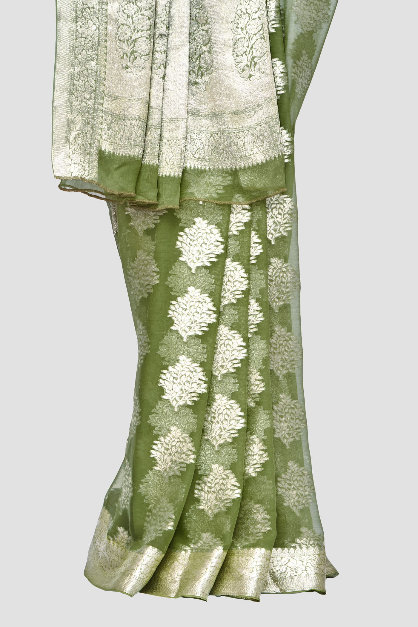 Olive Chiffon Brocade Saree With Tree Of Life Pattern