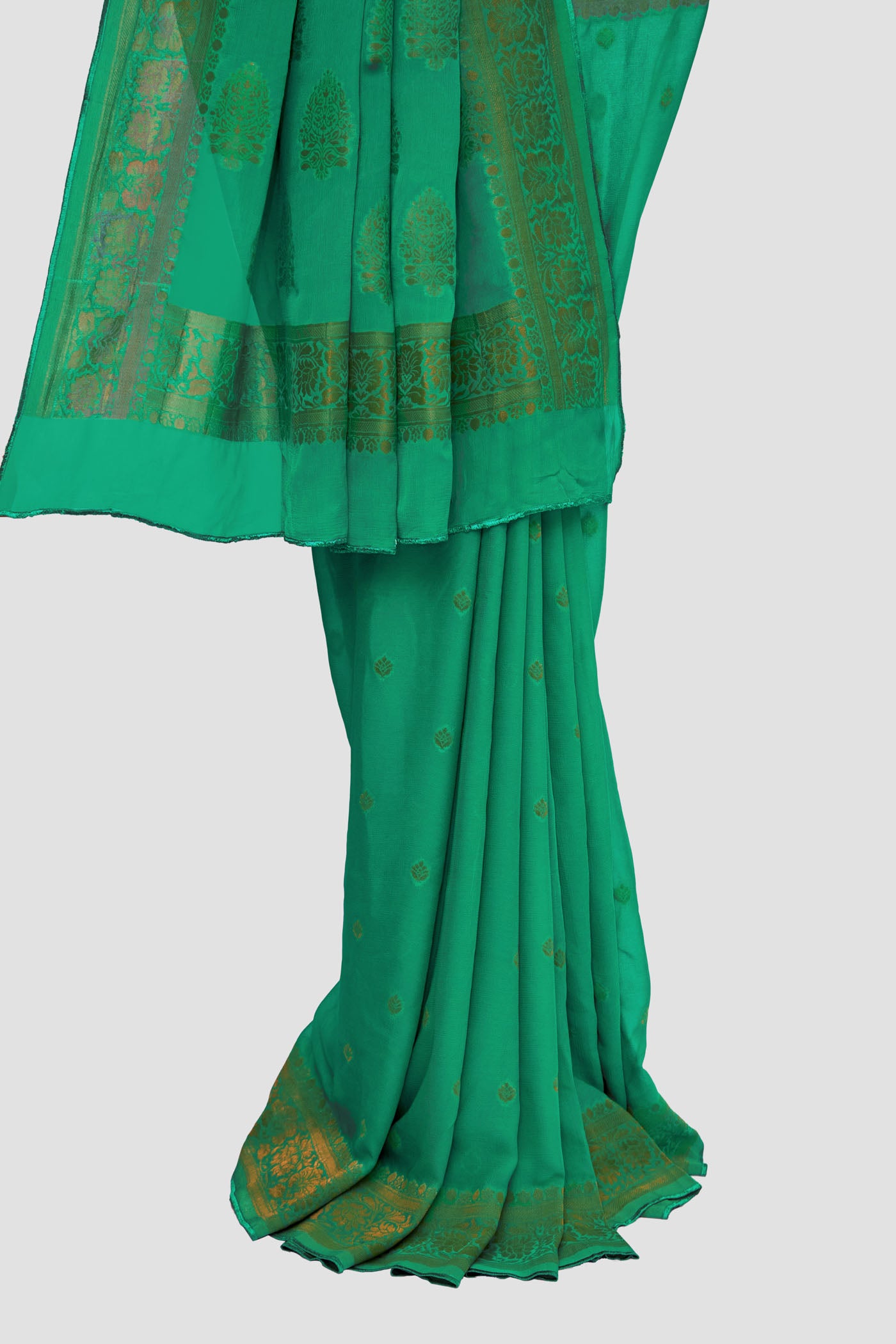 Green Georgette Brocade Saree With Bel Border Pattern