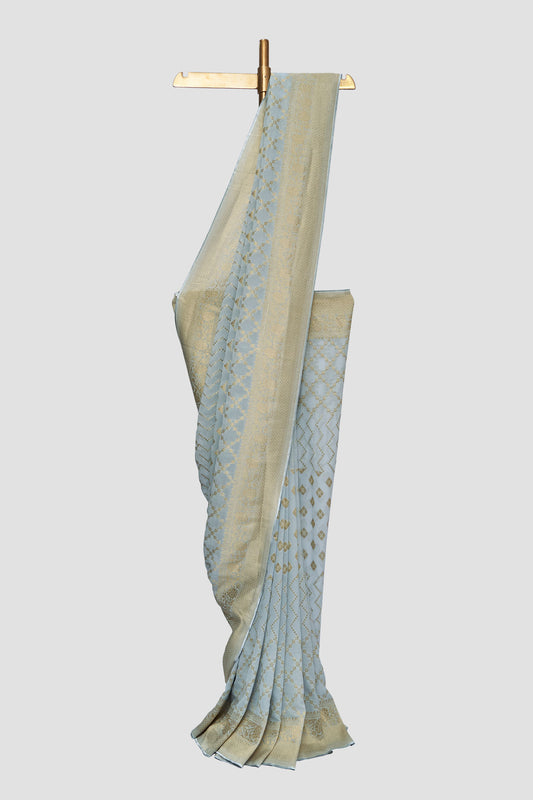 Pastel Blue Geometric Pattern Jaal Georgette Saree