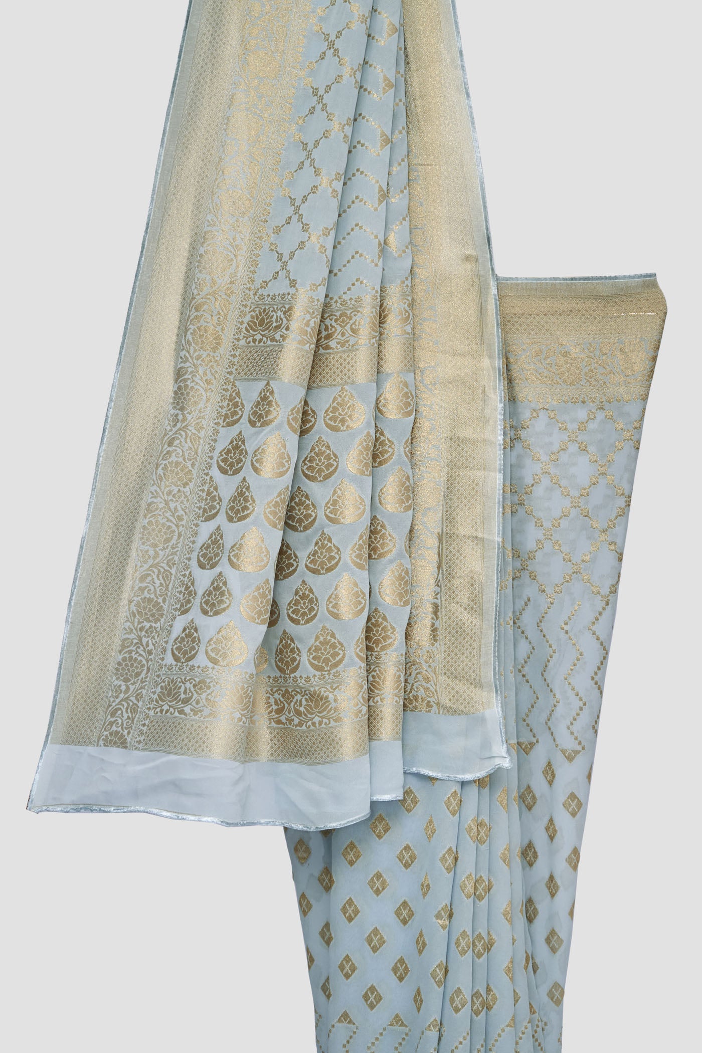 Pastel Blue Geometric Pattern Jaal Georgette Saree