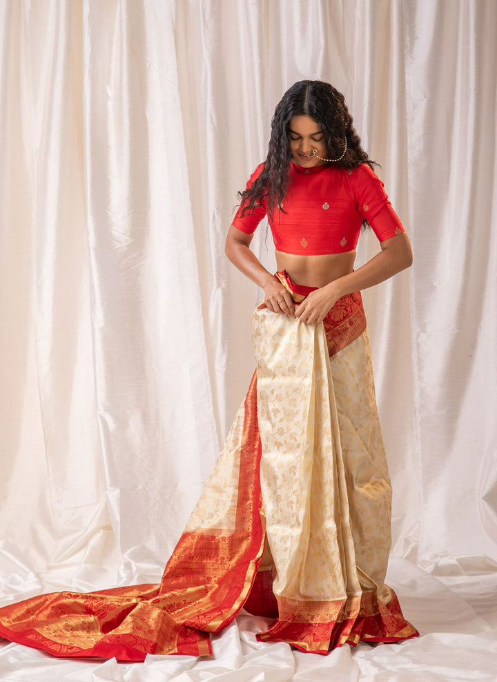 White and Red Kanjivaram Saree