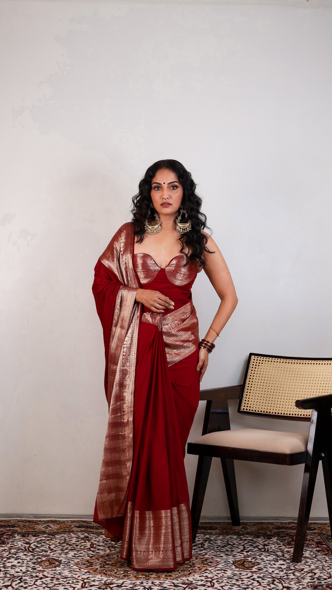 Maroon Viscose Saree with Antique Gold Zari Border
