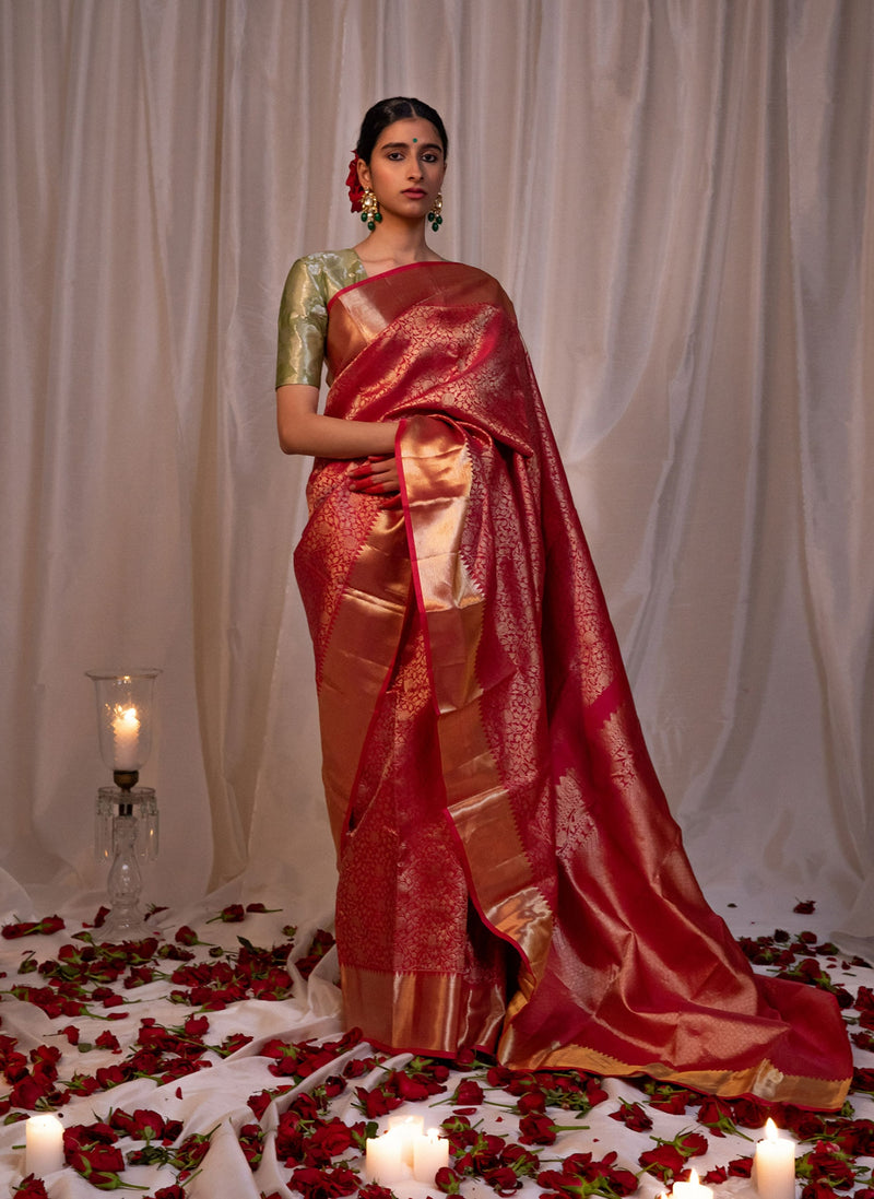 Cherry Red Woven Kanjivaram Wedding Saree – Bahuji - Online Fashion &  Lifestyle Store