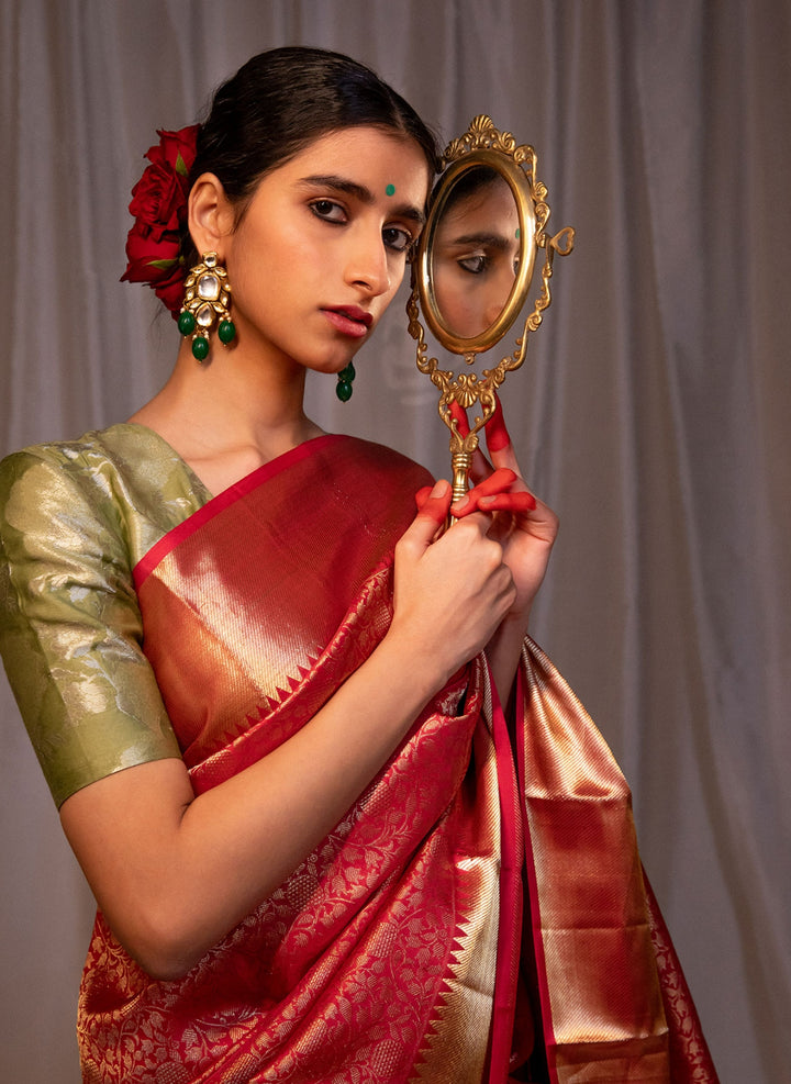 Cherry red 100% Silk Kanchipuram saree