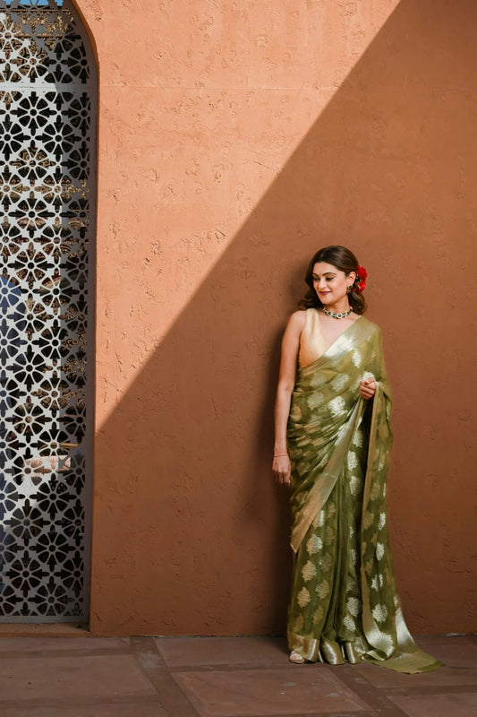 Olive Chiffon Brocade Saree With Tree Of Life Pattern