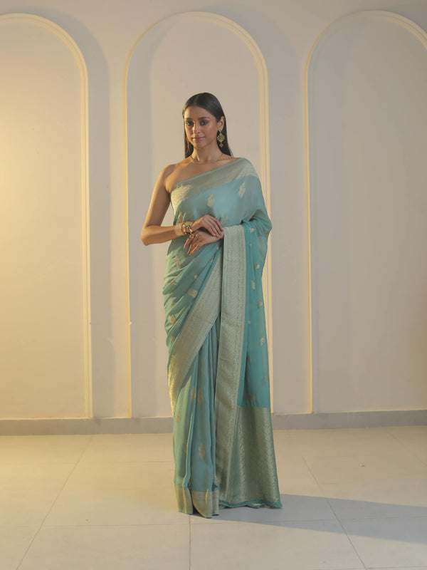 blush green crape saree